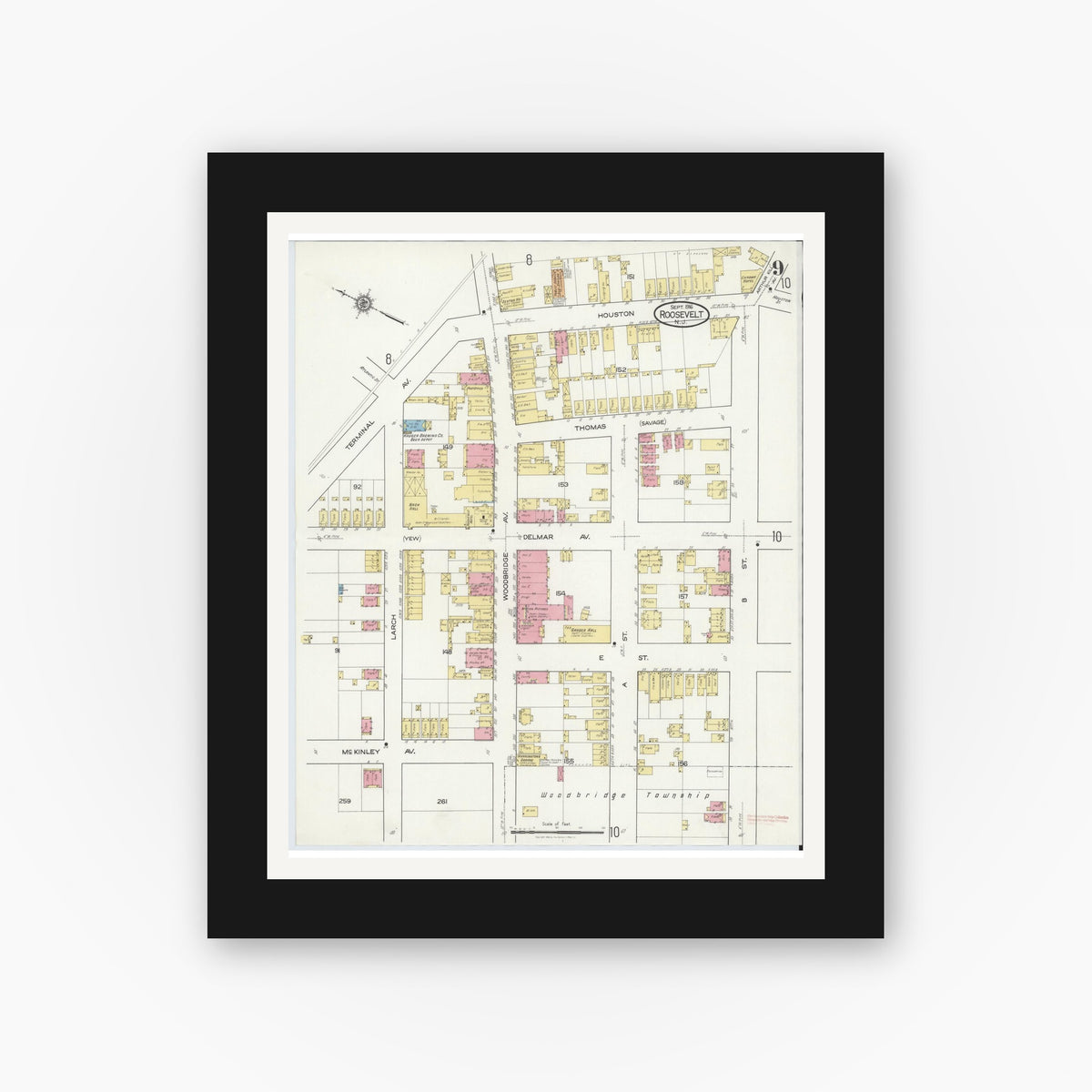 Old map wall art mockup — black gallery frame with white mat — Sanborn Fire Insurance Map from Roosevelt, Middlesex County, New Jersey (1916), Sheet #0009