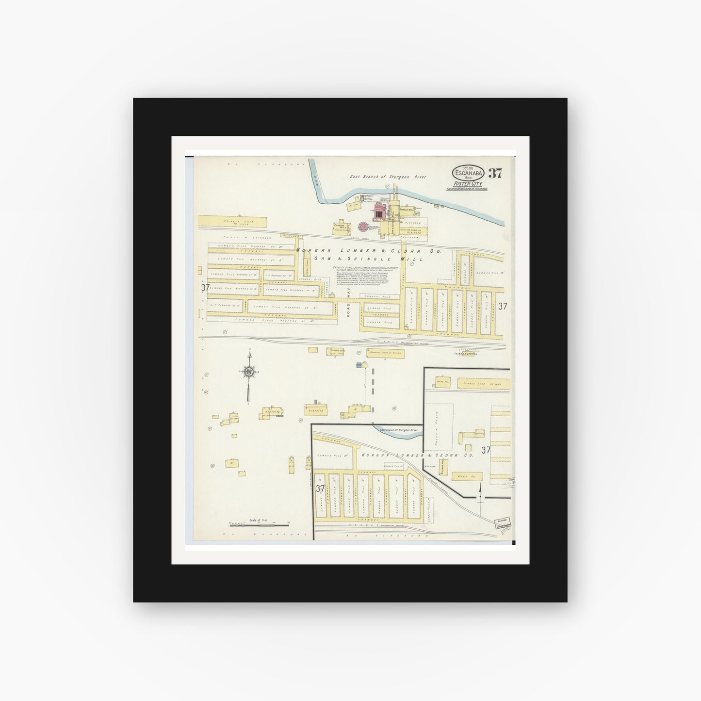 Old map wall art mockup — black gallery frame with white mat — Sanborn Fire Insurance Map from Escanaba, Delta County, Michigan (1913), Sheet #0037