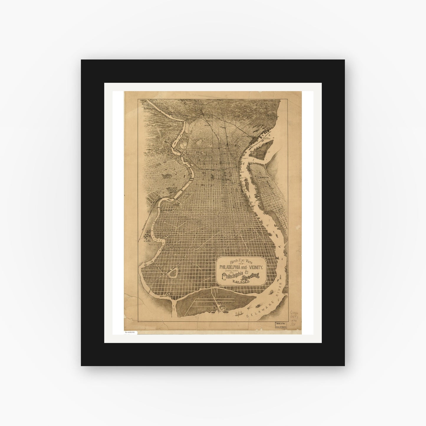 Old map wall art mockup — black gallery frame with white mat — Birds eye view of Philadelphia and vicinity showing location of the Philadelphia & Reading Railroad. (1870)