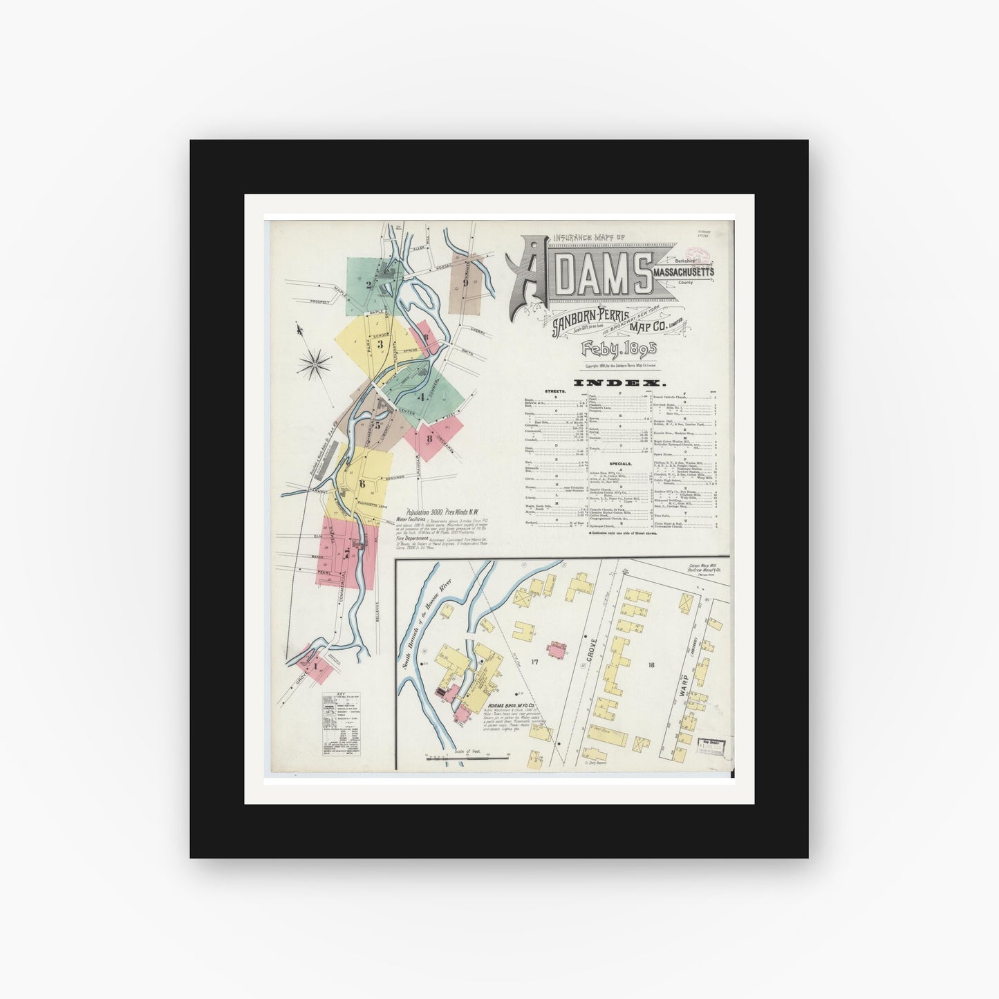 Old map wall art mockup — black gallery frame with white mat — Sanborn Fire Insurance Map from Adams, Berkshire County, Massachusetts (1895), Sheet #0001
