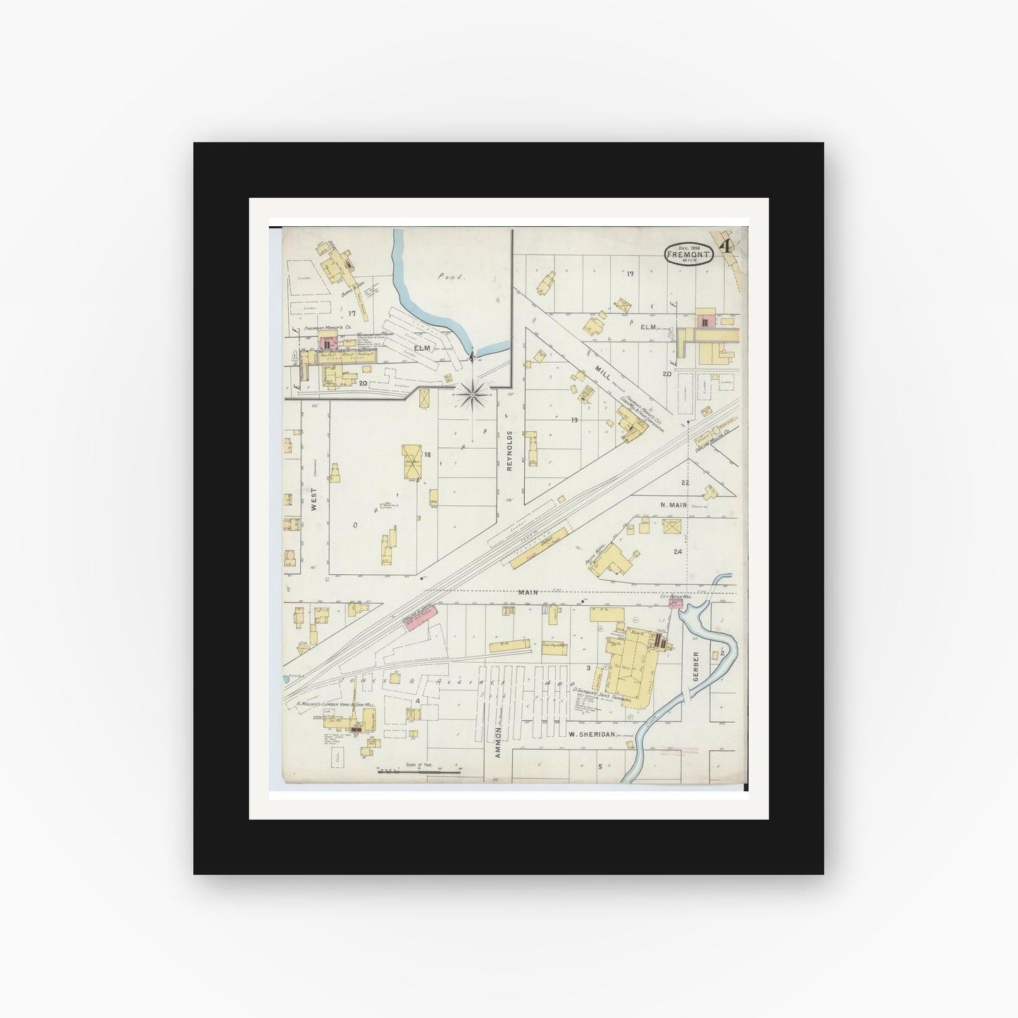 Old map wall art mockup — black gallery frame with white mat — Sanborn Fire Insurance Map from Fremont, Newaygo County, Michigan (1894), Sheet #0004