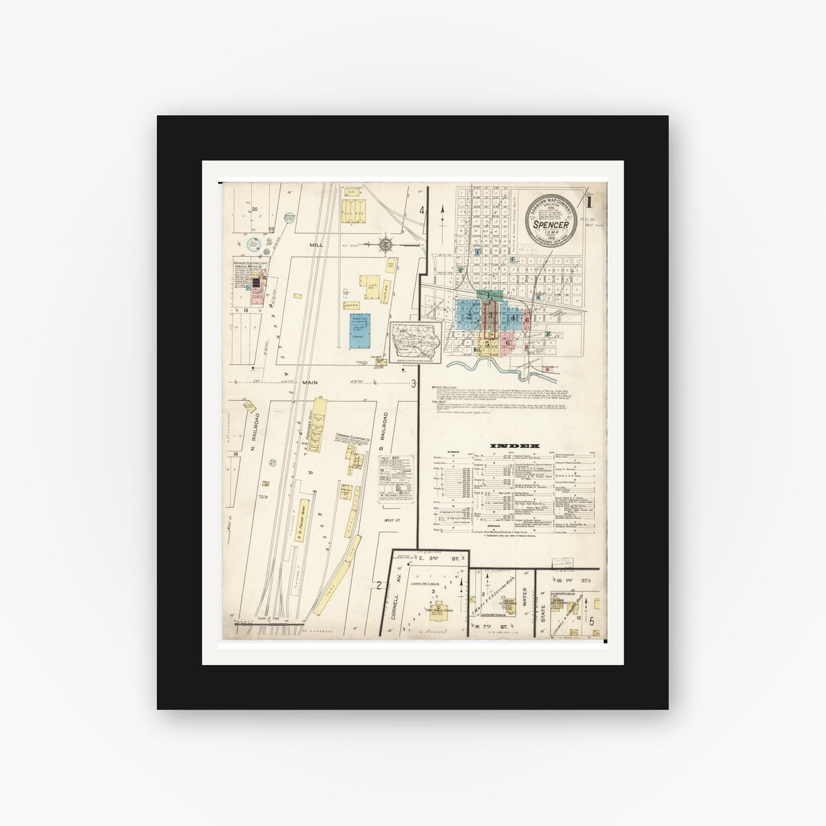 Old map wall art mockup — black gallery frame with white mat — Sanborn Fire Insurance Map from Spencer, Clay County, Iowa (1915) — Complete Set