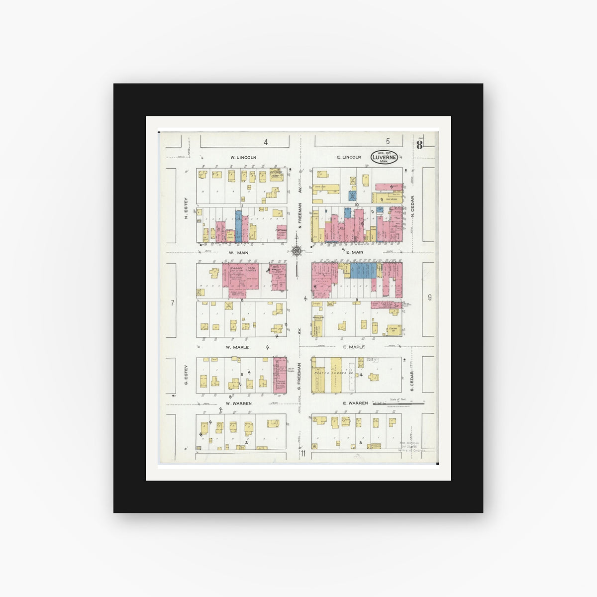 Old map wall art mockup — black gallery frame with white mat — Sanborn Fire Insurance Map from Luverne, Rock County, Minnesota (1921), Sheet #0008