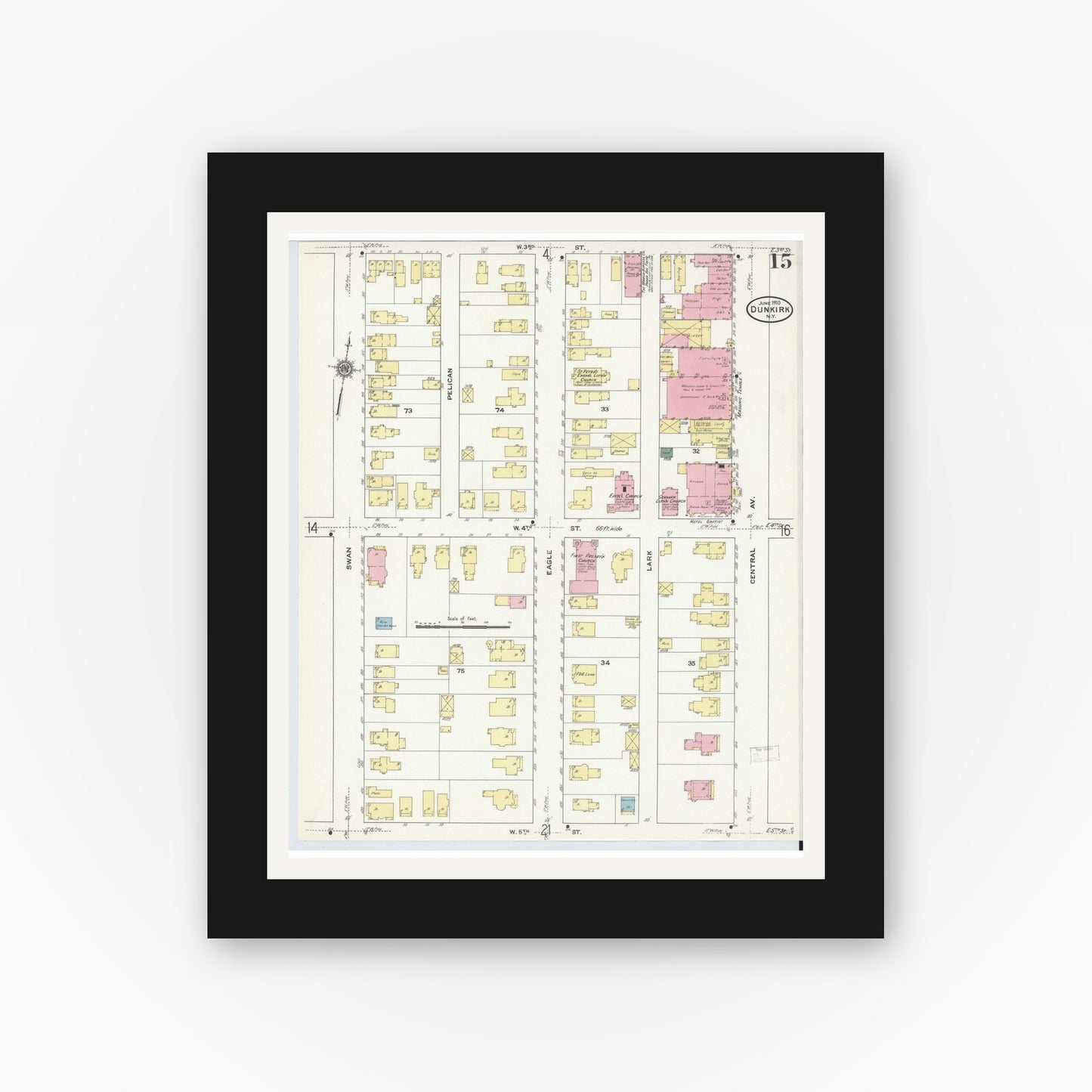 Old map wall art mockup — black gallery frame with white mat — Sanborn Fire Insurance Map from Dunkirk, Chautauqua County, New York (1910), Sheet #0015