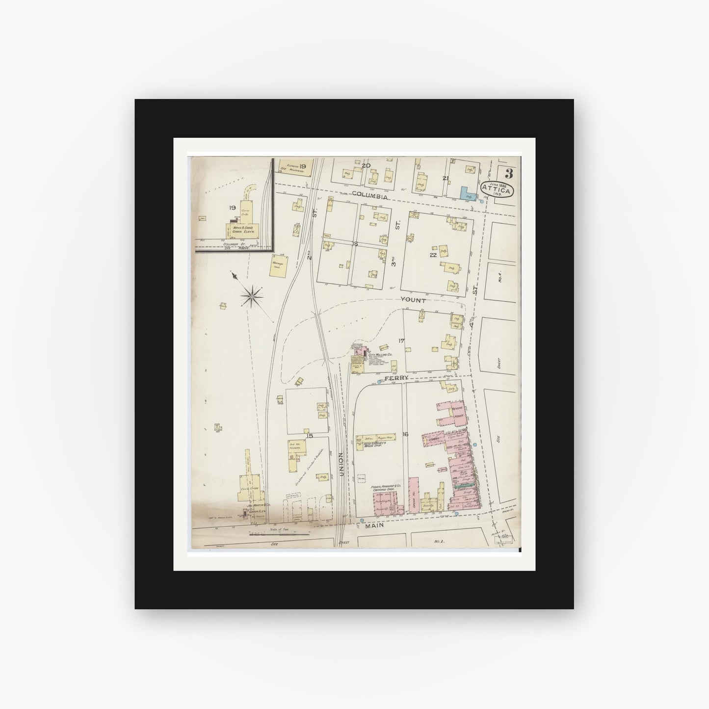 Old map wall art mockup — black gallery frame with white mat — Sanborn Fire Insurance Map from Attica, Fountain County, Indiana (1886), Sheet #0003