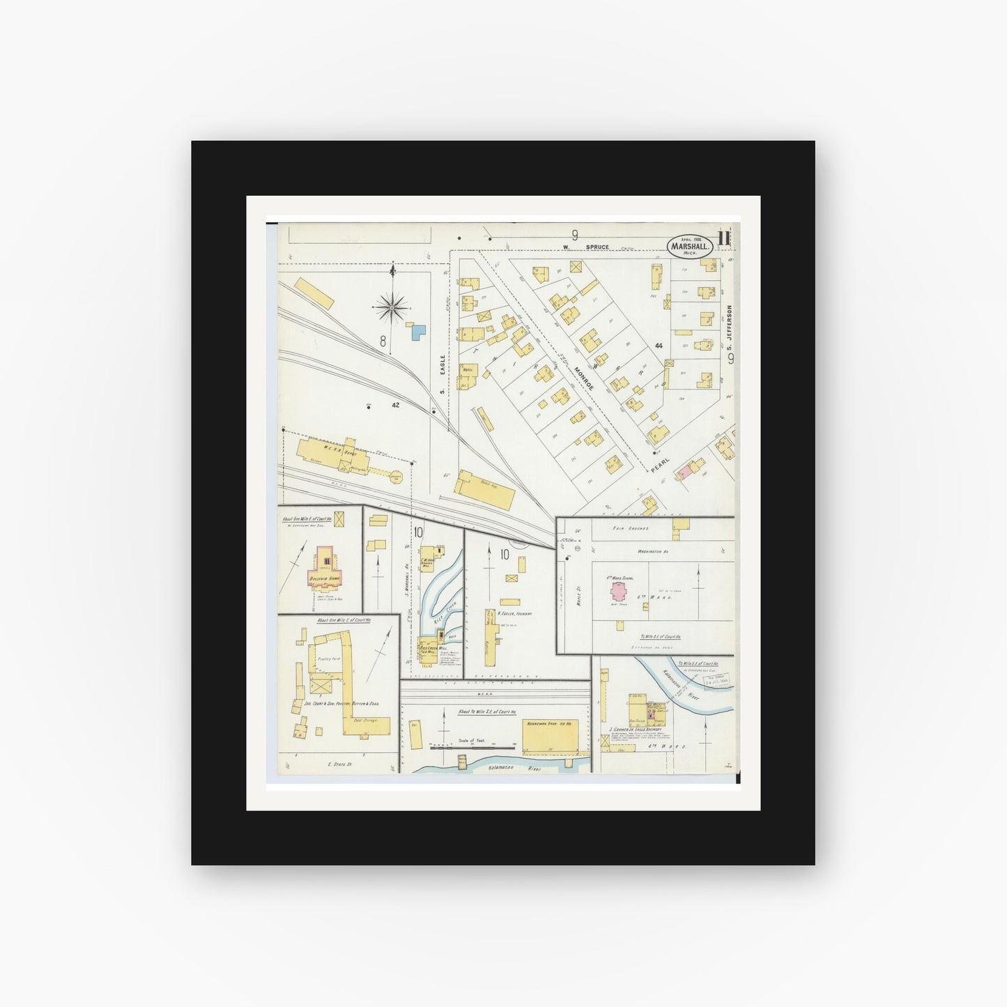 Old map wall art mockup — black gallery frame with white mat — Sanborn Fire Insurance Map from Marshall, Calhoun County, Michigan (1906), Sheet #0011