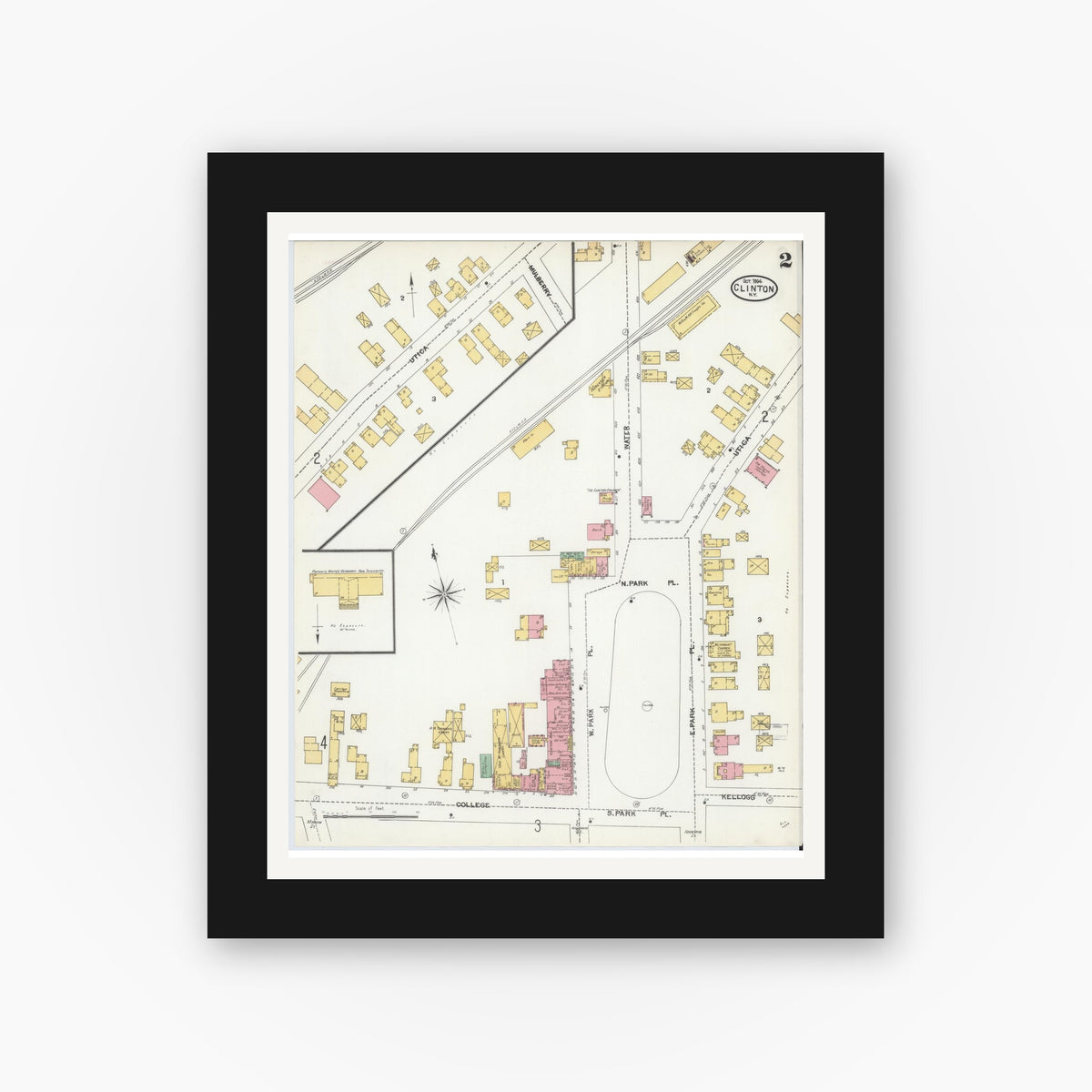 Old map wall art mockup — black gallery frame with white mat — Sanborn Fire Insurance Map from Clinton, Oneida County, New York (1904), Sheet #0002