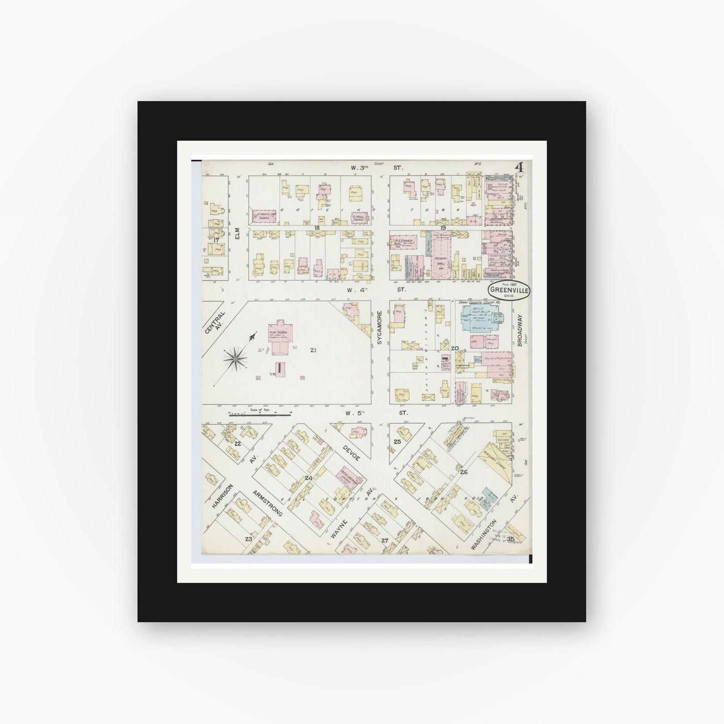 Old map wall art mockup — black gallery frame with white mat — Sanborn Fire Insurance Map from Greenville, Darke County, Ohio (1887), Sheet #0004