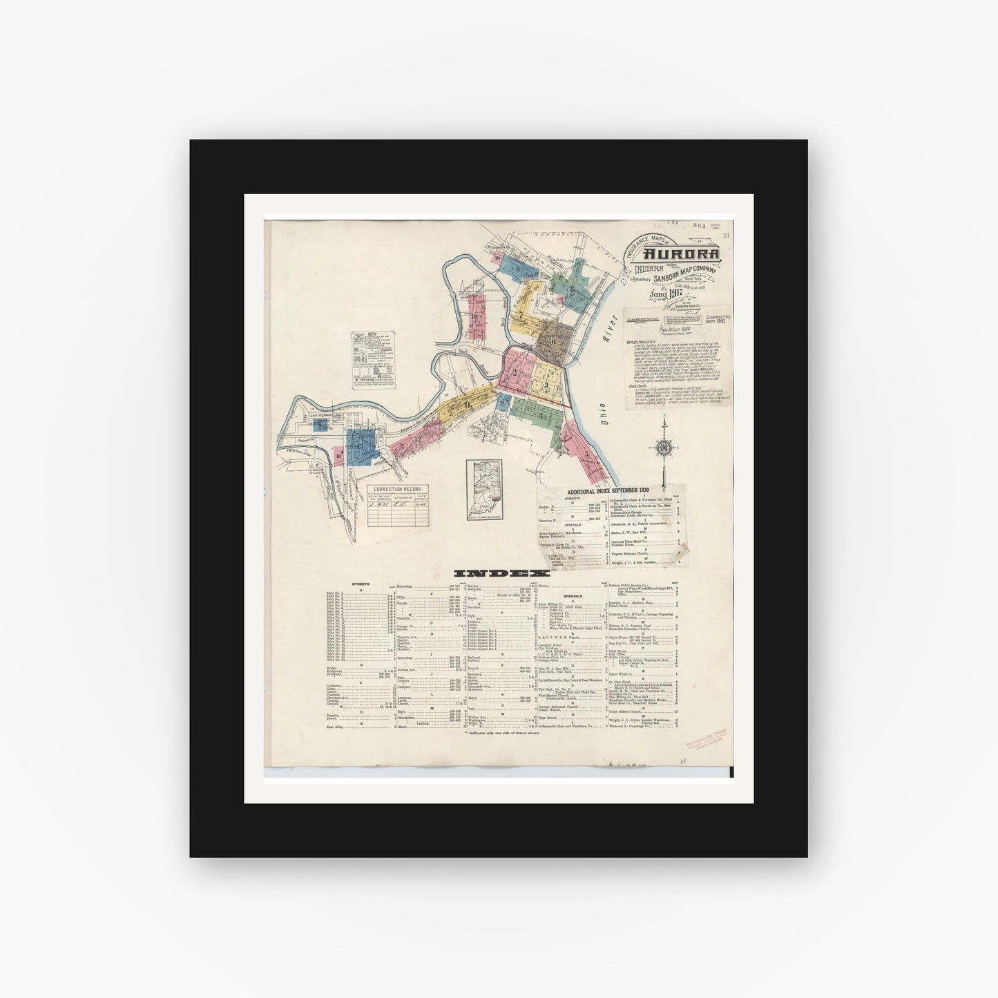 Old map wall art mockup — black gallery frame with white mat — Sanborn Fire Insurance Map from Aurora, Dearborn County, Indiana (1935) - Complete Map Set
