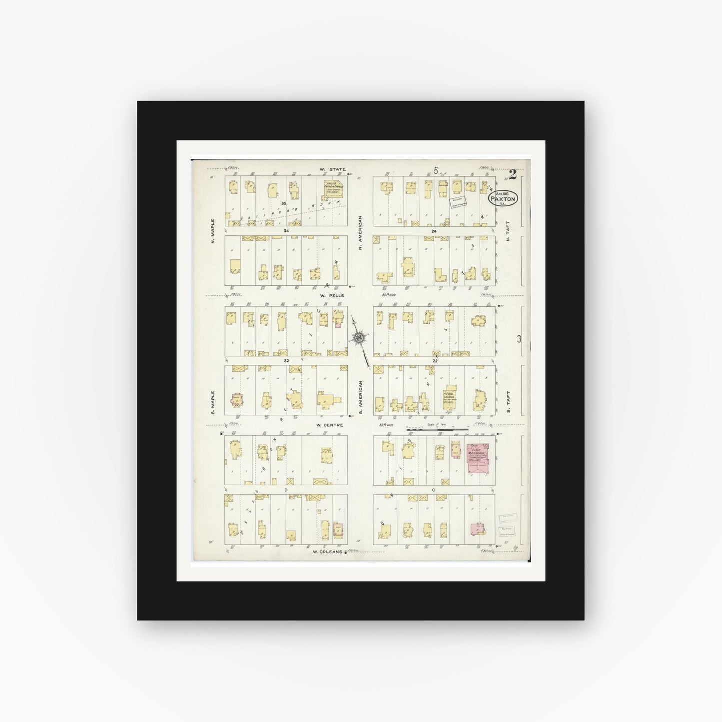 Old map wall art mockup — black gallery frame with white mat — Sanborn Fire Insurance Map from Paxton, Ford County, Illinois (1910), Sheet #0002