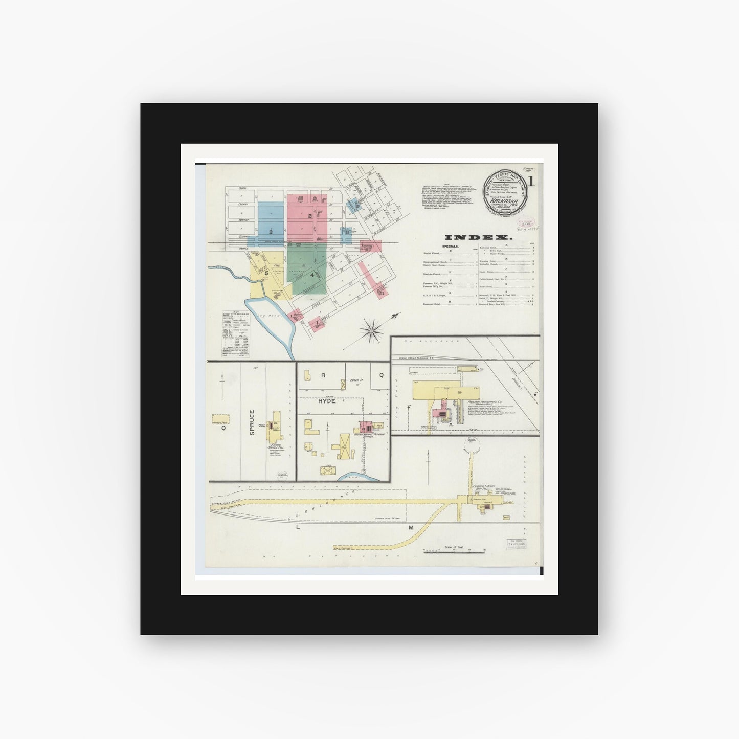 Old map wall art mockup — black gallery frame with white mat — Sanborn Fire Insurance Map from Kalkaska, Kalkaska County, Michigan (1894), Sheet #0001