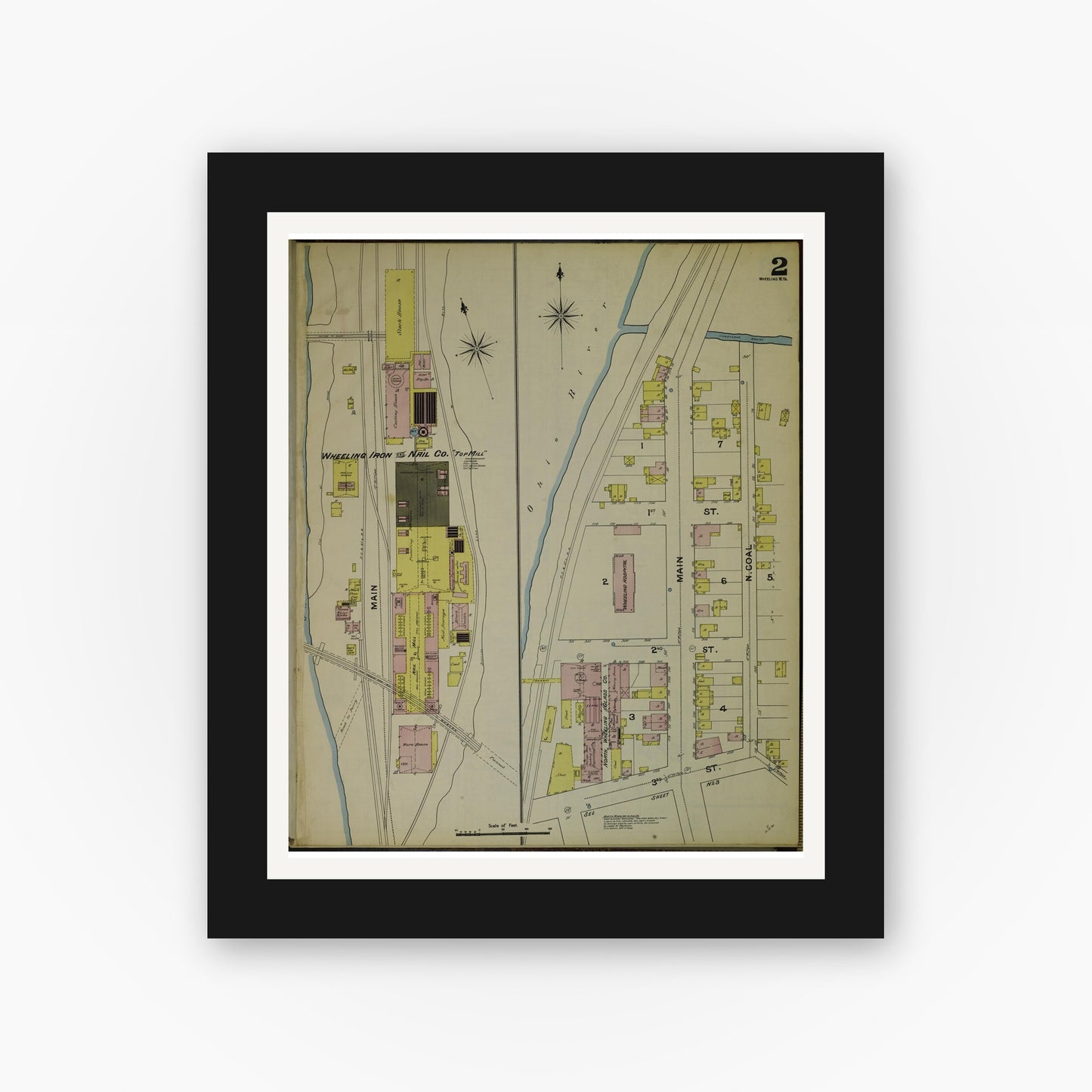 Old map wall art mockup — black gallery frame with white mat — Sanborn Fire Insurance Map from Wheeling, Ohio County, West Virginia (1890) - Complete Map Set