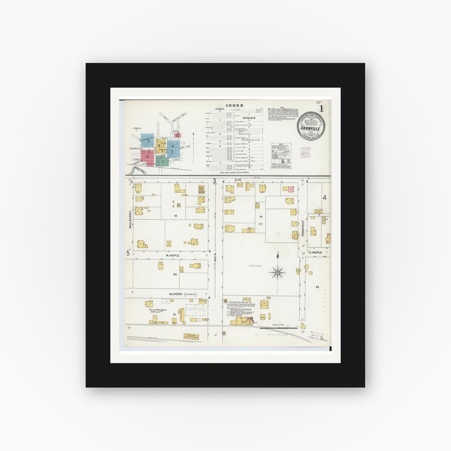 Old map wall art mockup — black gallery frame with white mat — Sanborn Fire Insurance Map from Granville, Licking County, Ohio (1905), Sheet #0001