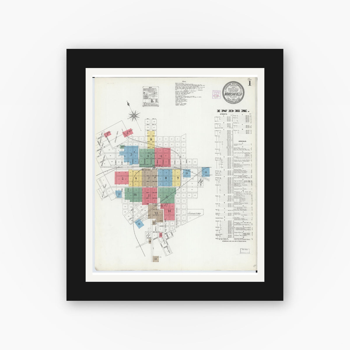Old map wall art mockup — black gallery frame with white mat — Sanborn Fire Insurance Map from Marshfield, Wood County, Wisconsin (1904) - Complete Map Set
