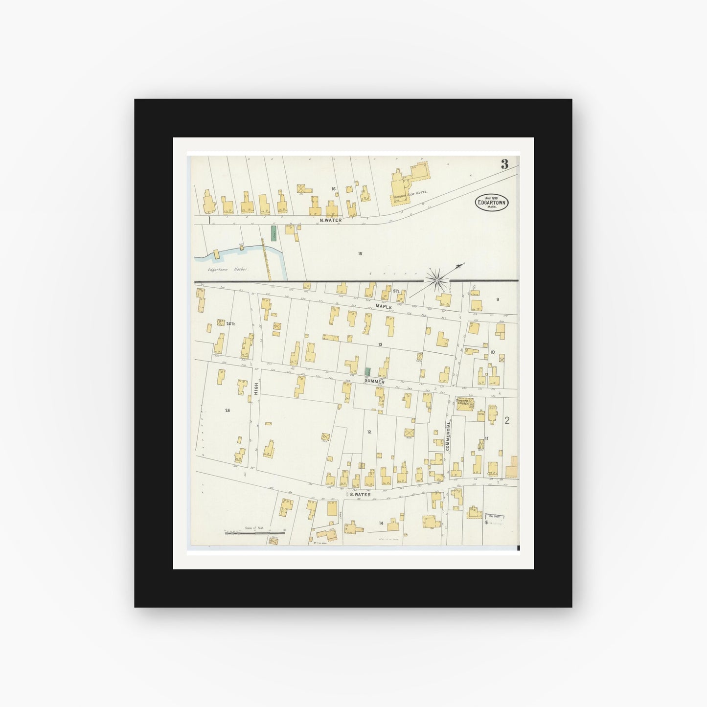 Old map wall art mockup — black gallery frame with white mat — Sanborn Fire Insurance Map from Edgartown, Dukes County, Massachusetts (1898), Sheet #0003