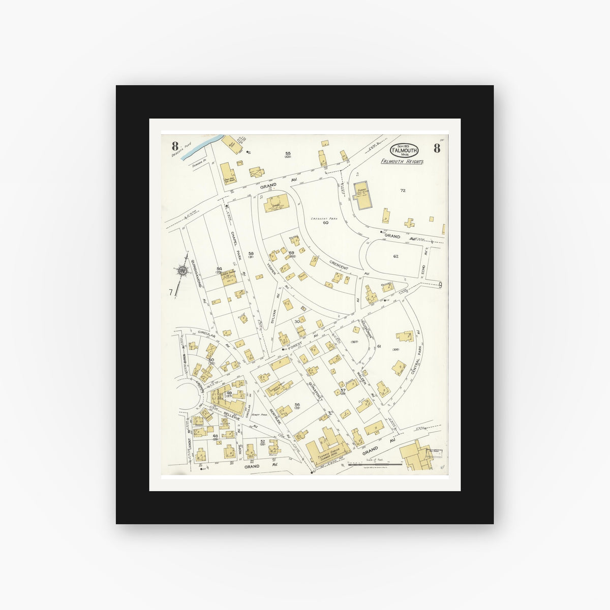 Old map wall art mockup β black gallery frame with white mat β Sanborn Fire Insurance Map from Falmouth, Barnstable County, Massachusetts (1923), Sheet #0008