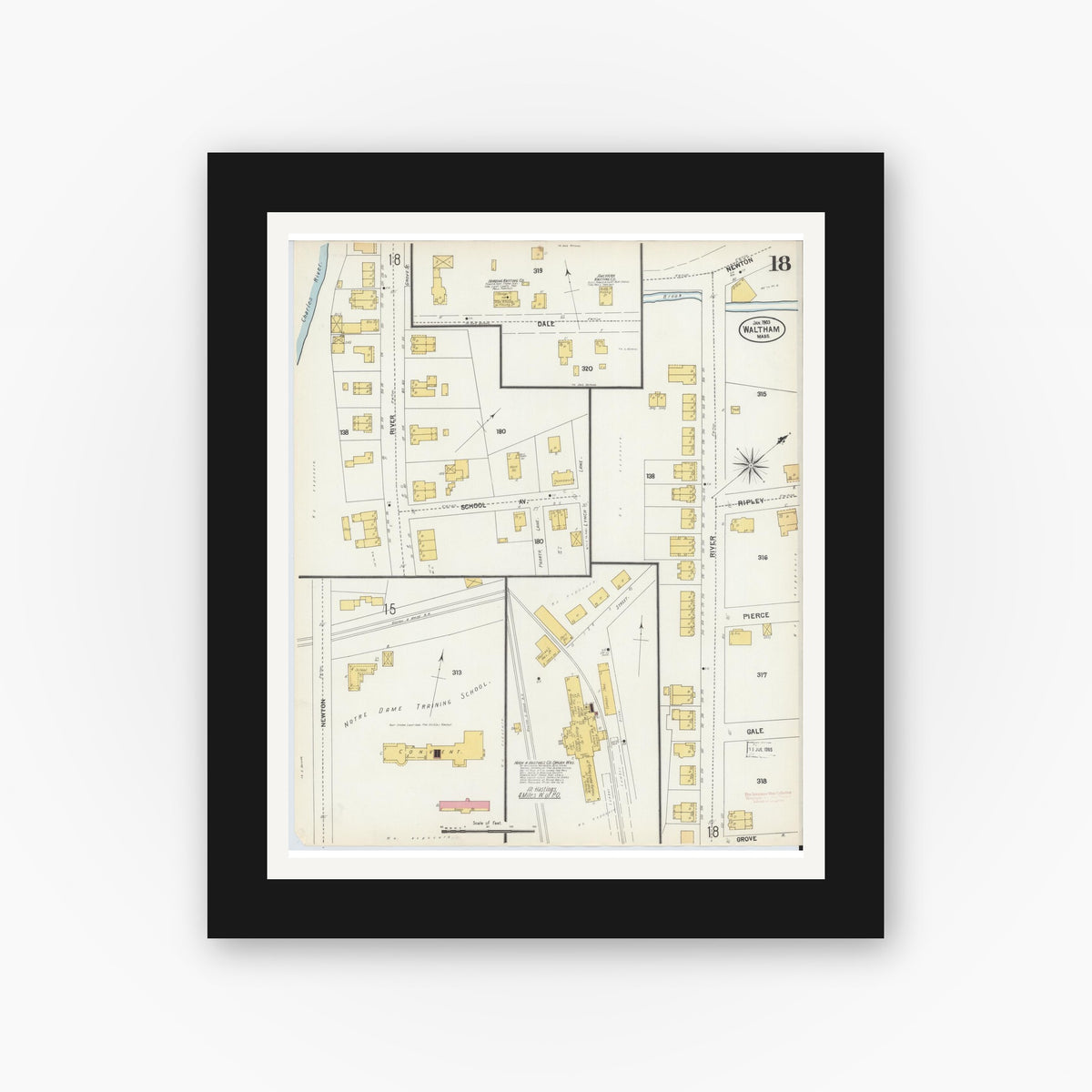 Old map wall art mockup β black gallery frame with white mat β Sanborn Fire Insurance Map from Waltham, Middlesex County, Massachusetts (1903), Sheet #0018