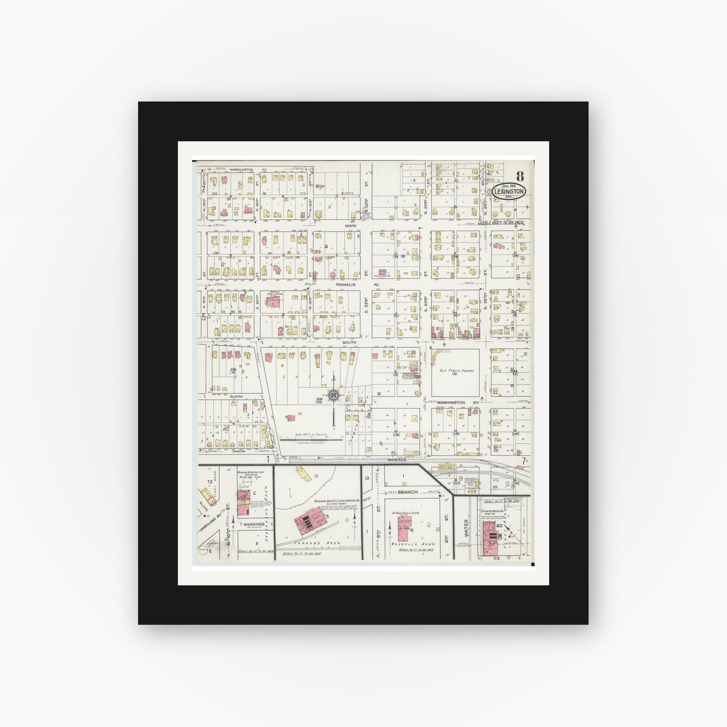 Old map wall art mockup — black gallery frame with white mat — Sanborn Fire Insurance Map from Lexington, Lafayette County, Missouri (1918), Sheet #0008
