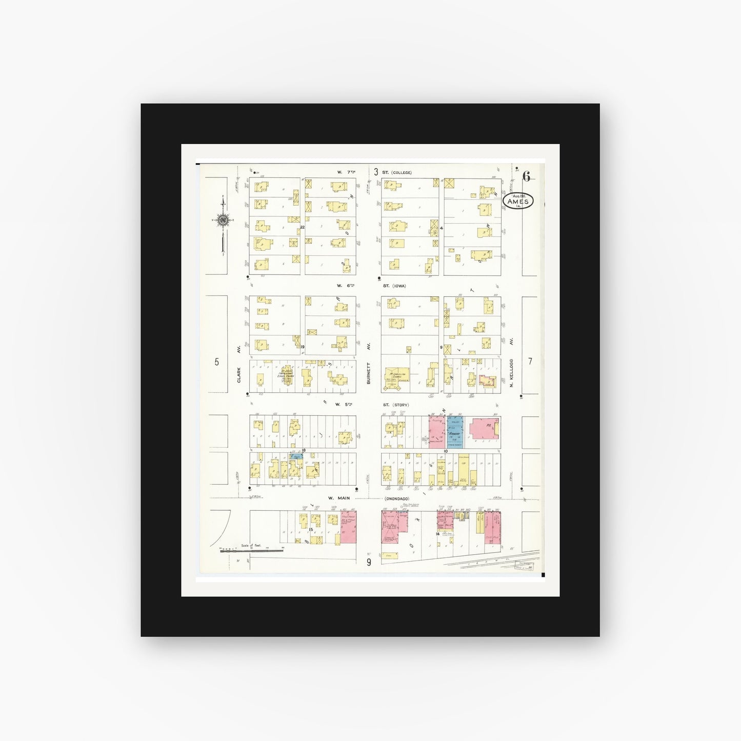 Old map wall art mockup — black gallery frame with white mat — Sanborn Fire Insurance Map from Ames, Story County, Iowa (1911), Sheet #0006
