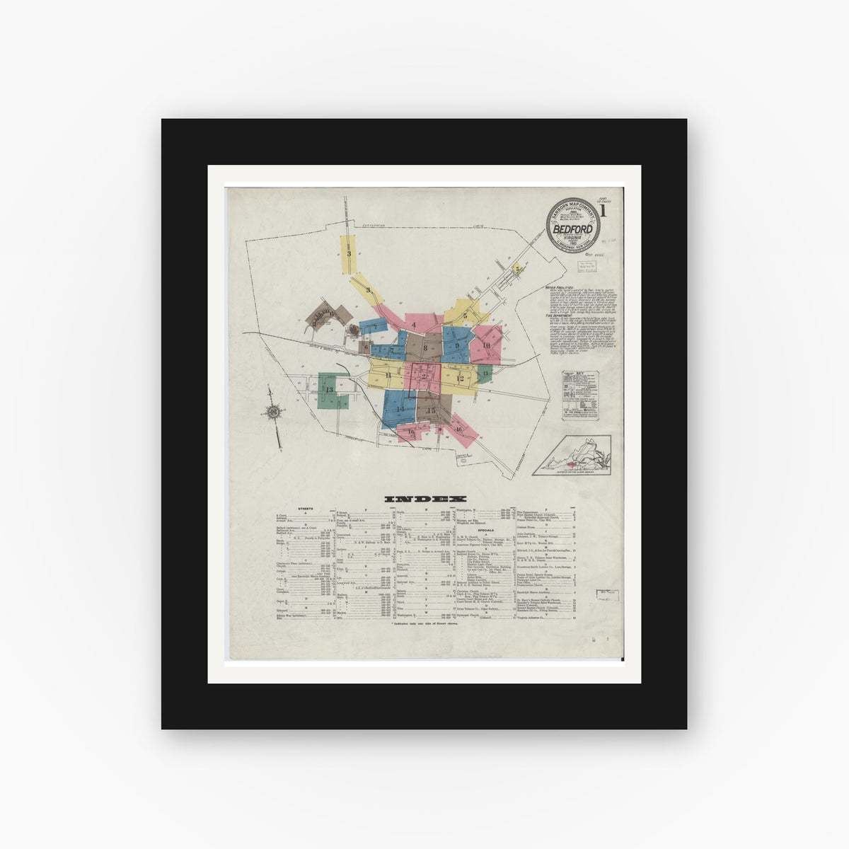 Old map wall art mockup — black gallery frame with white mat — Sanborn Fire Insurance Map from Bedford, Independent Cities, Virginia (1921) - Complete Map Set
