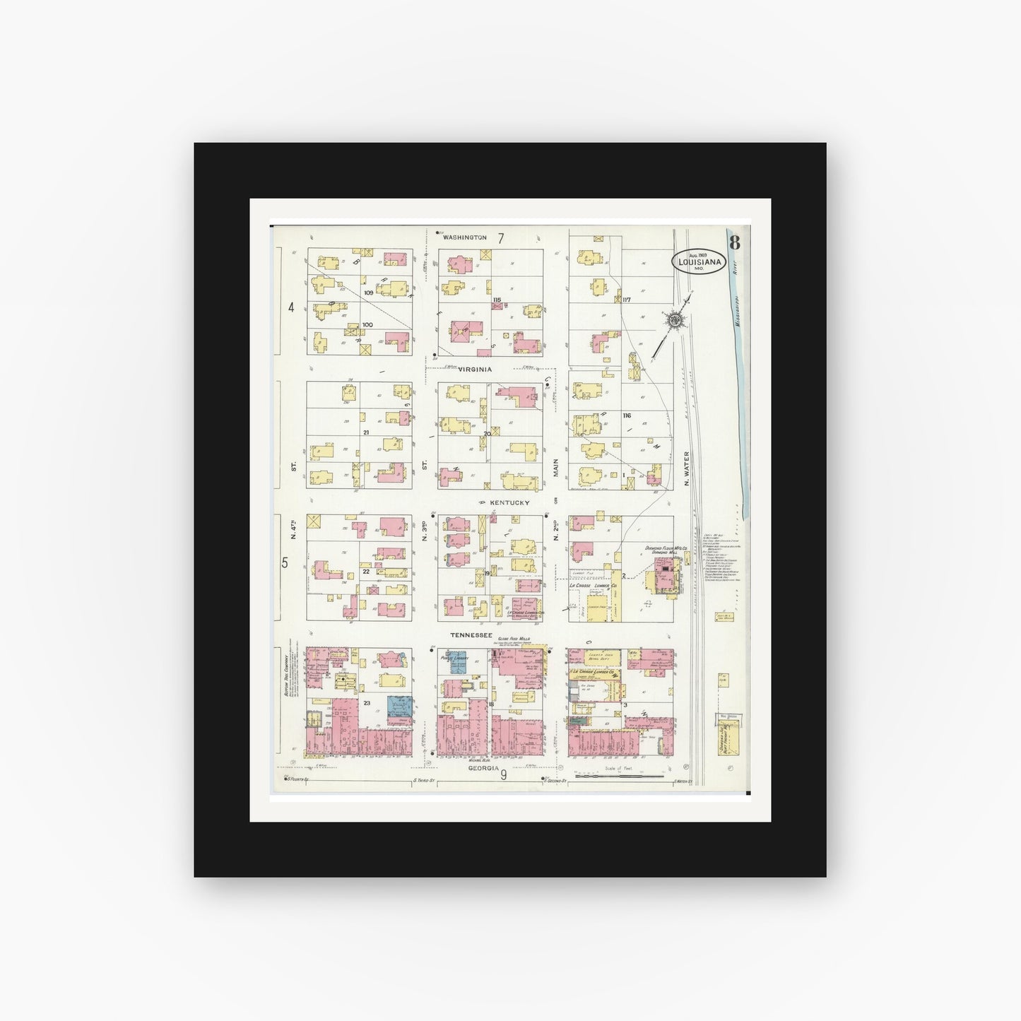 Old map wall art mockup — black gallery frame with white mat — Sanborn Fire Insurance Map from Louisiana, Pike County, Missouri (1909), Sheet #0008