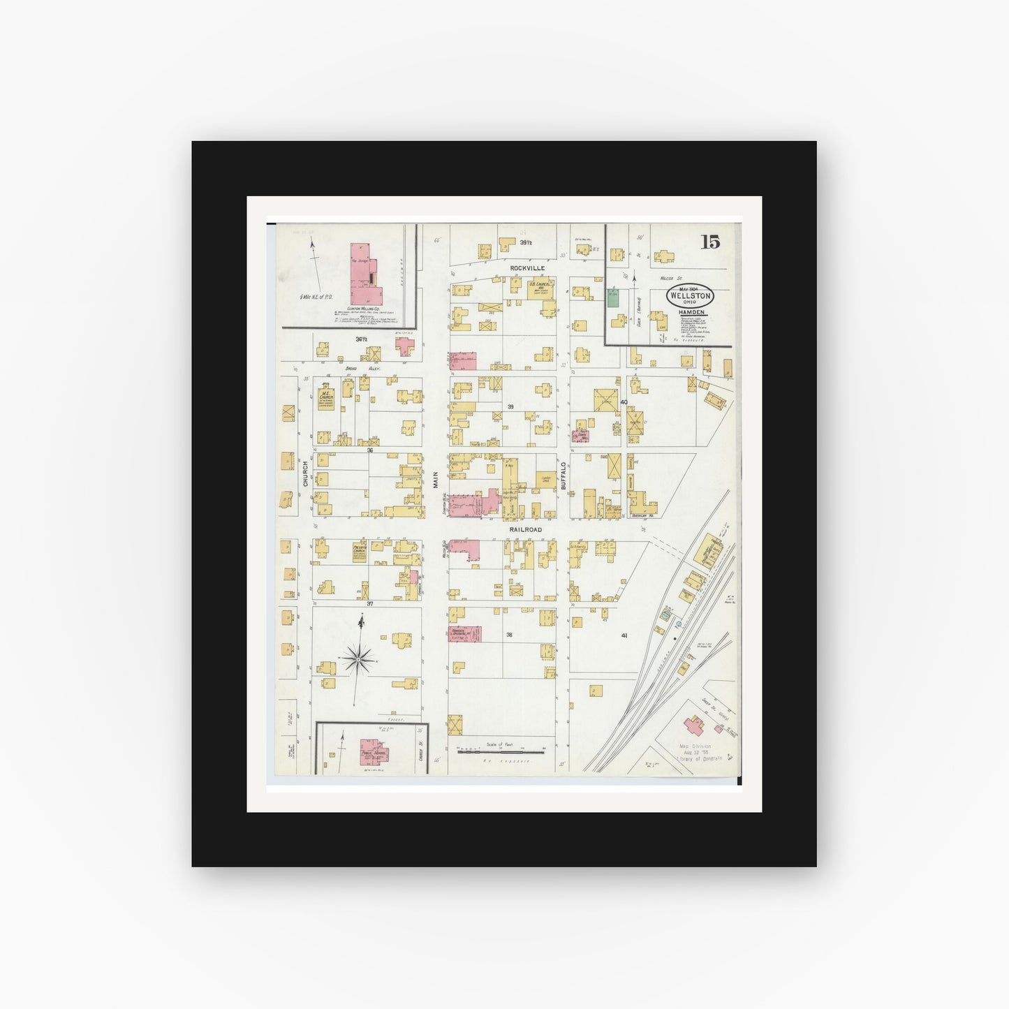 Old map wall art mockup — black gallery frame with white mat — Sanborn Fire Insurance Map from Wellston, Jackson County, Ohio (1904), Sheet #0015