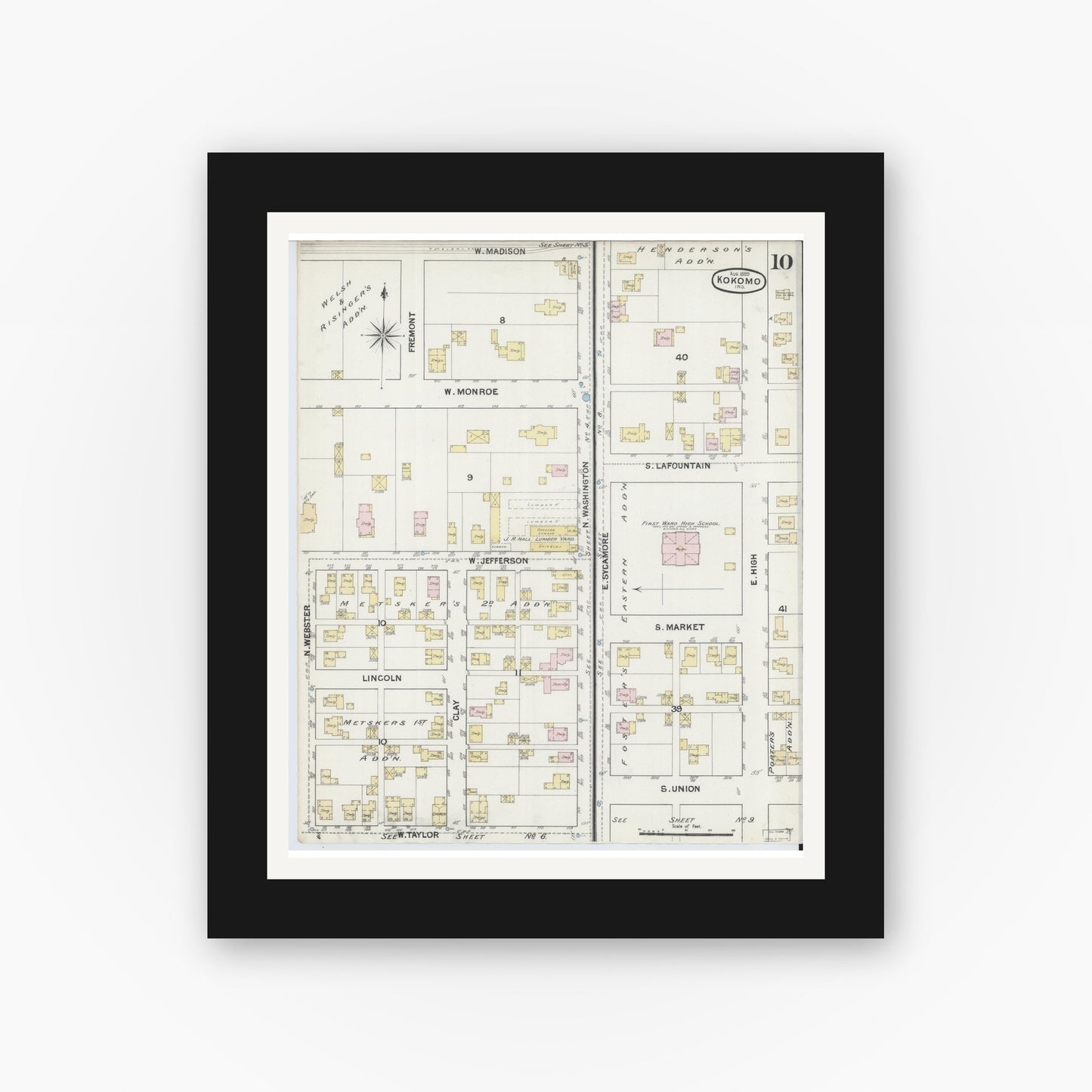 Old map wall art mockup — black gallery frame with white mat — Sanborn Fire Insurance Map from Kokomo, Howard County, Indiana (1889), Sheet #0010