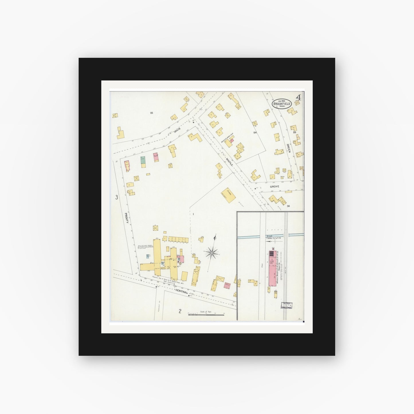 Old map wall art mockup — black gallery frame with white mat — Sanborn Fire Insurance Map from Brookfield, Worcester County, Massachusetts (1904), Sheet #0004