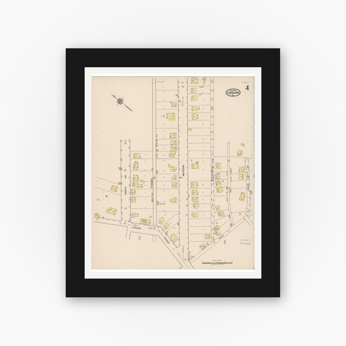 Old map wall art mockup — black gallery frame with white mat — Sanborn Fire Insurance Map from Coeburn, Wise County, Virginia (1922), Sheet #0004