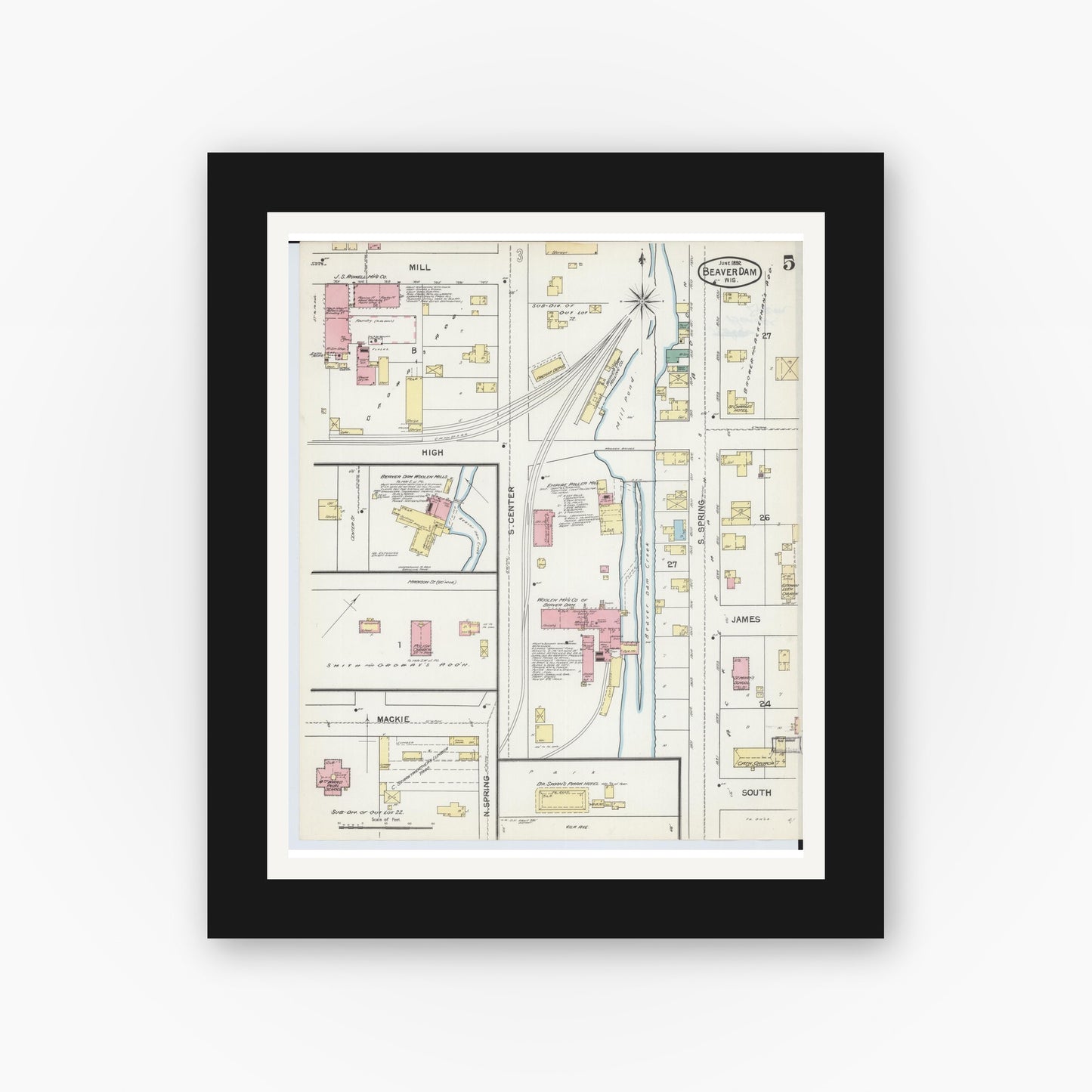 Old map wall art mockup — black gallery frame with white mat — Sanborn Fire Insurance Map from Beaver Dam, Dodge County, Wisconsin (1892), Sheet #0005