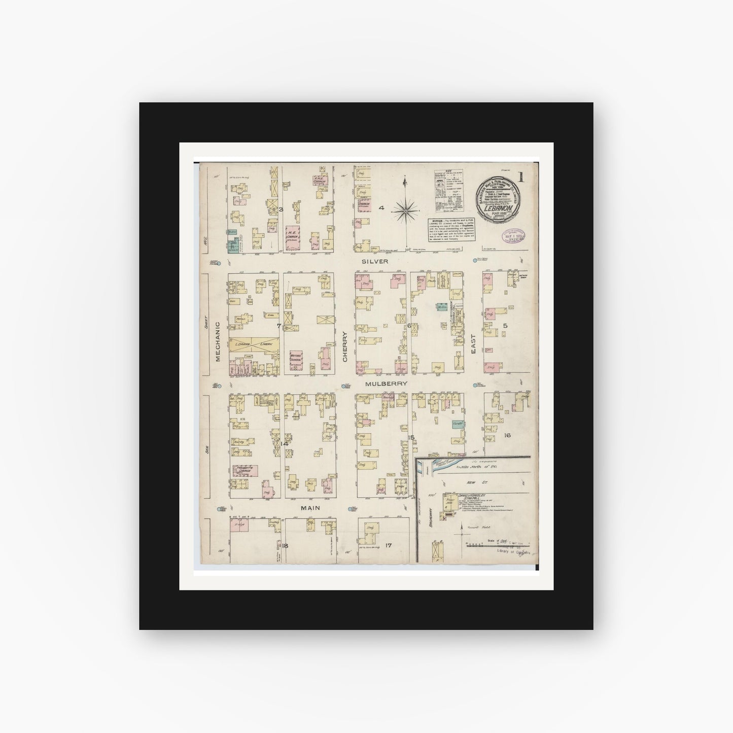 Old map wall art mockup — black gallery frame with white mat — Sanborn Fire Insurance Map from Lebanon, Warren County, Ohio (1885), Sheet #0001