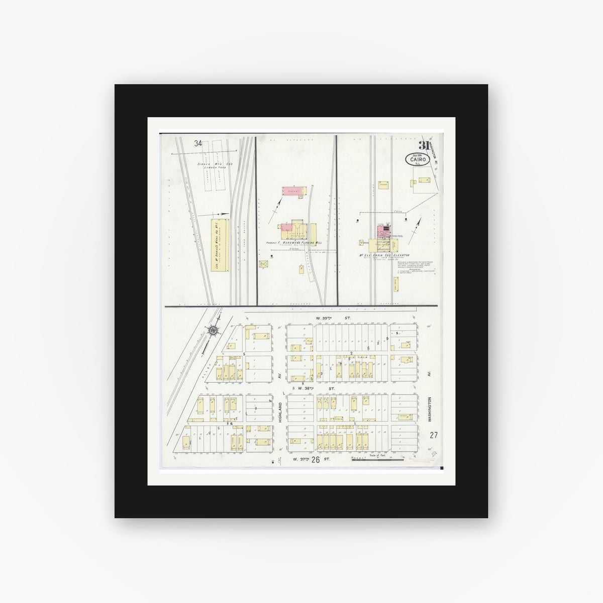 Old map wall art mockup — black gallery frame with white mat — Sanborn Fire Insurance Map from Cairo, Alexander County, Illinois (1914), Sheet #0031
