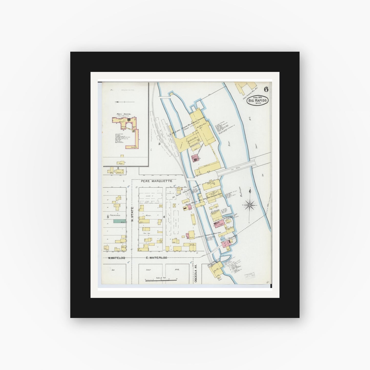 Old map wall art mockup — black gallery frame with white mat — Sanborn Fire Insurance Map from Big Rapids, Mecosta County, Michigan (1892), Sheet #0006