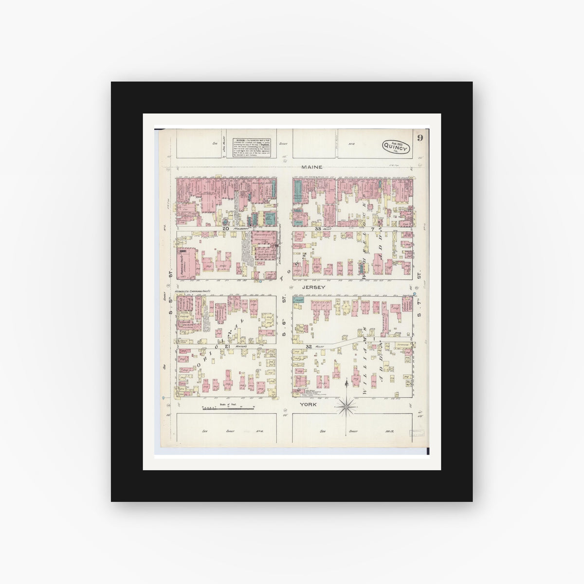 Old map wall art mockup — black gallery frame with white mat — Sanborn Fire Insurance Map from Quincy, Adams County, Illinois (1883), Sheet #0009