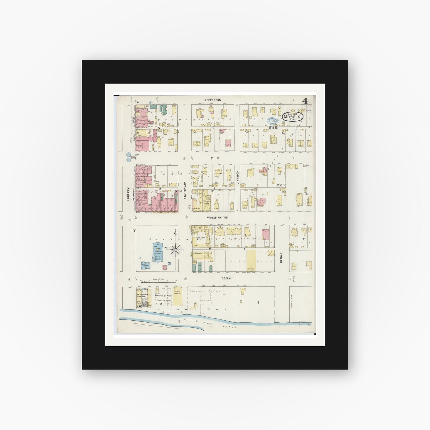 Old map wall art mockup — black gallery frame with white mat — Sanborn Fire Insurance Map from Morris, Grundy County, Illinois (1894), Sheet #0004