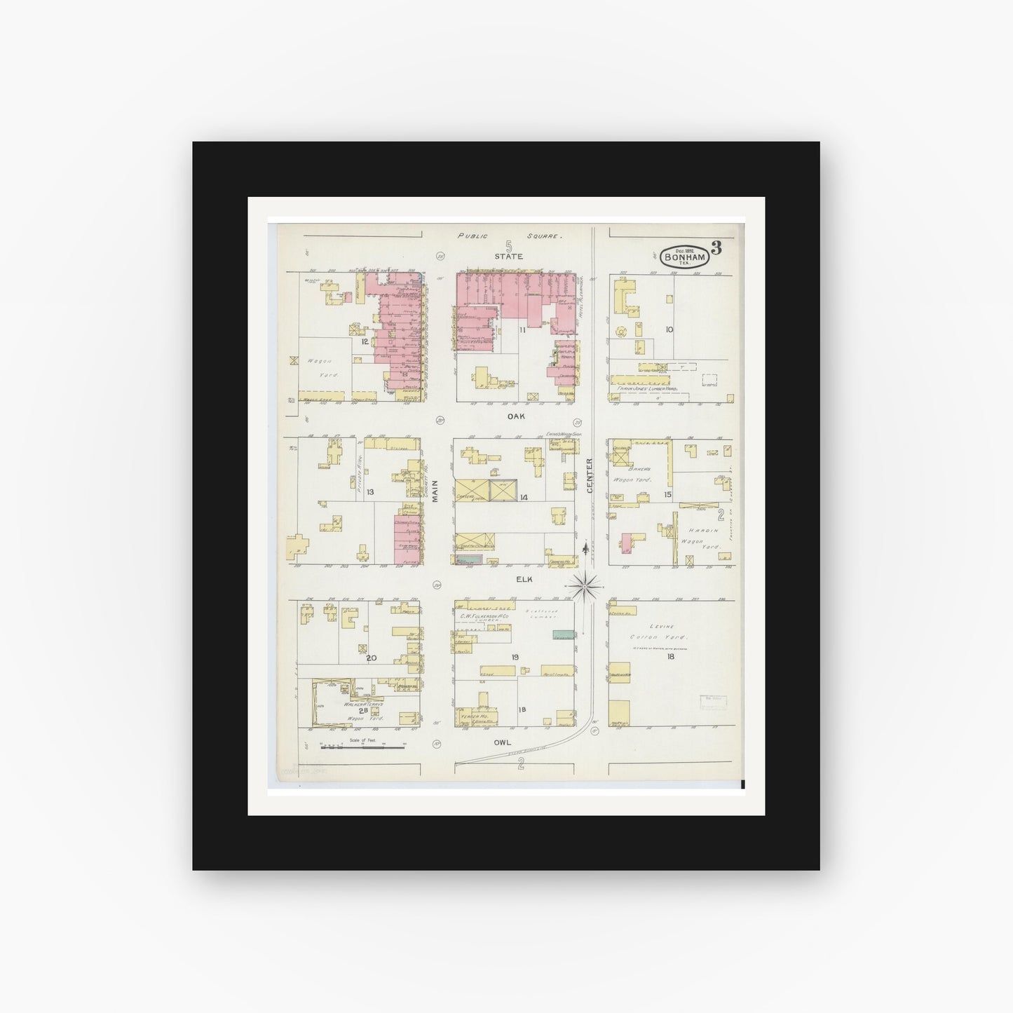 Old map wall art mockup — black gallery frame with white mat — Sanborn Fire Insurance Map from Bonham, Fannin County, Texas (1892), Sheet #0003