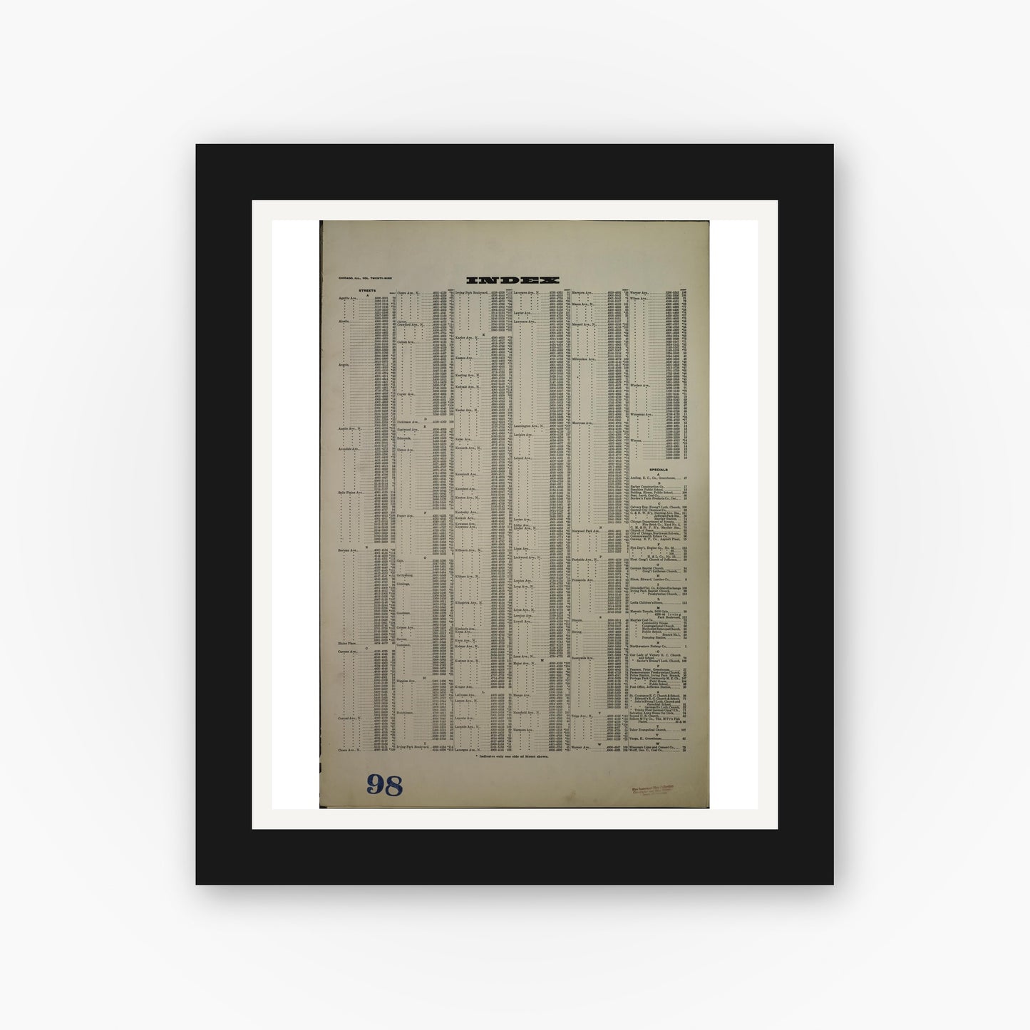 Old map wall art mockup — black gallery frame with white mat — Sanborn Fire Insurance Map from Chicago, Cook County, Illinois (1940), Sheet #0001