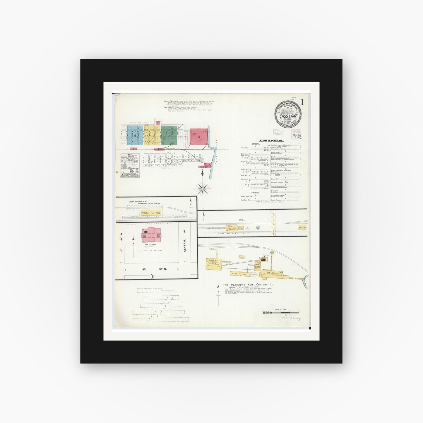 Old map wall art mockup — black gallery frame with white mat — Sanborn Fire Insurance Map from Cass Lake, Cass County, Minnesota (1908), Sheet #0001