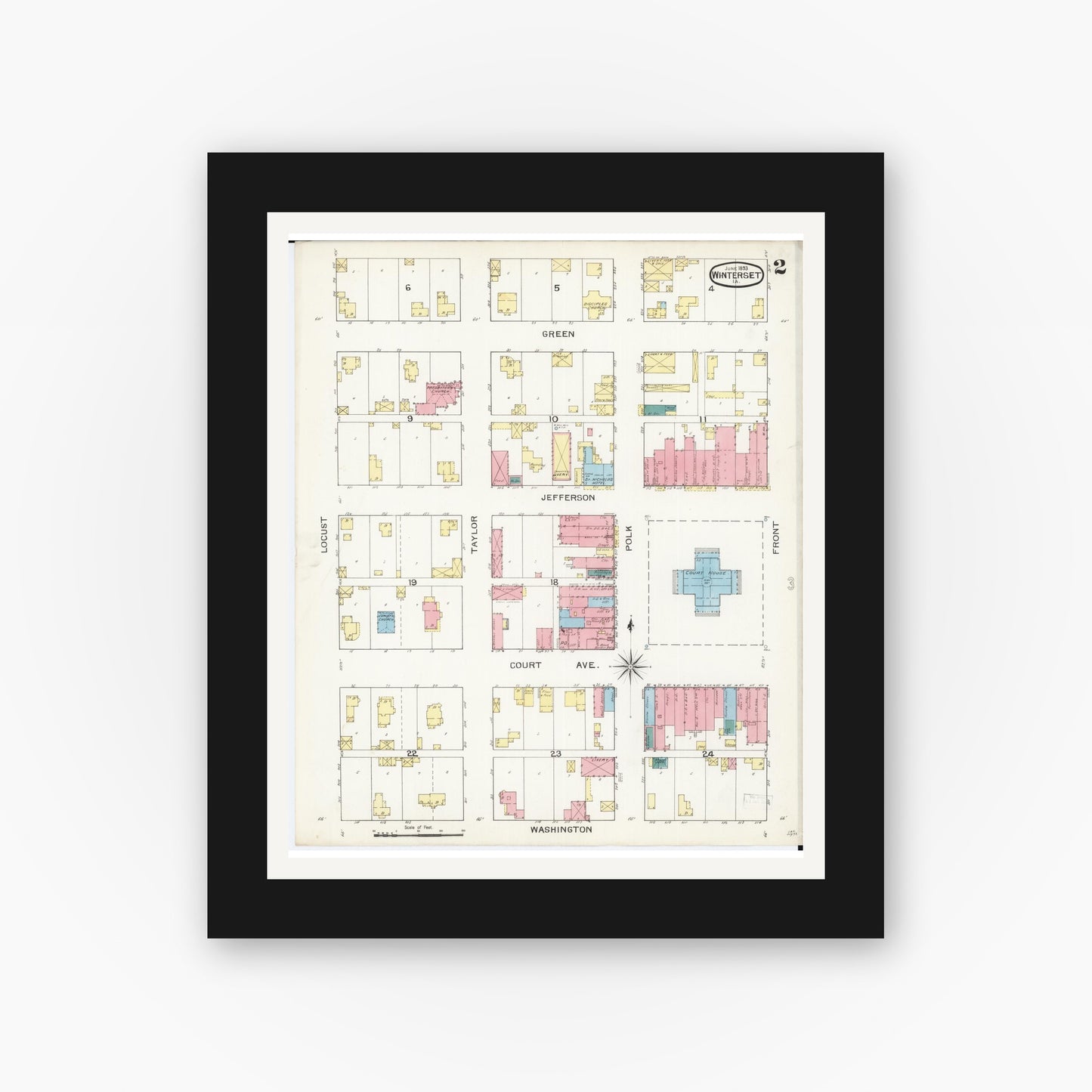 Old map wall art mockup — black gallery frame with white mat — Sanborn Fire Insurance Map from Winterset, Madison County, Iowa (1893), Sheet #0002