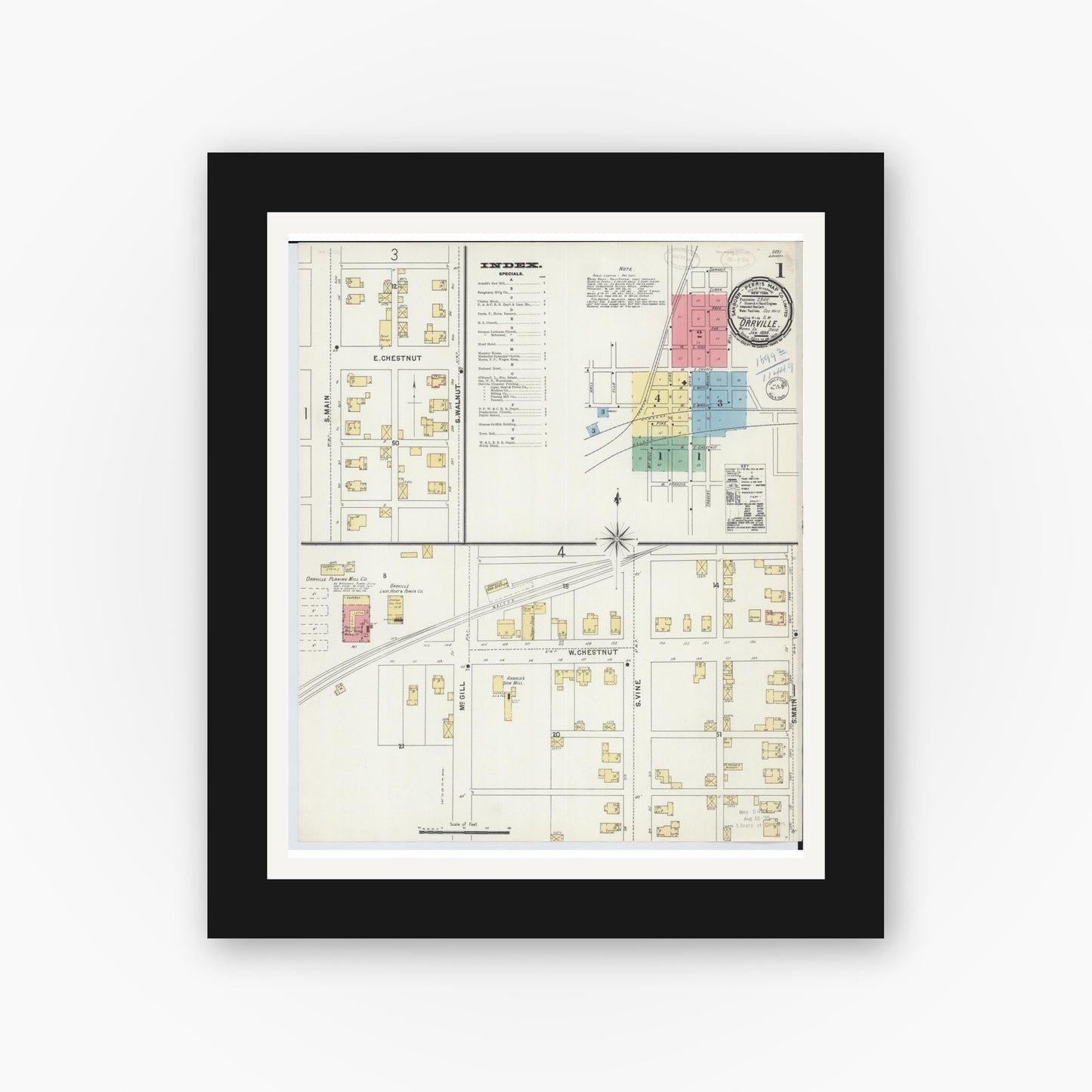 Old map wall art mockup — black gallery frame with white mat — Sanborn Fire Insurance Map from Orrville, Wayne County, Ohio (1899), Sheet #0001