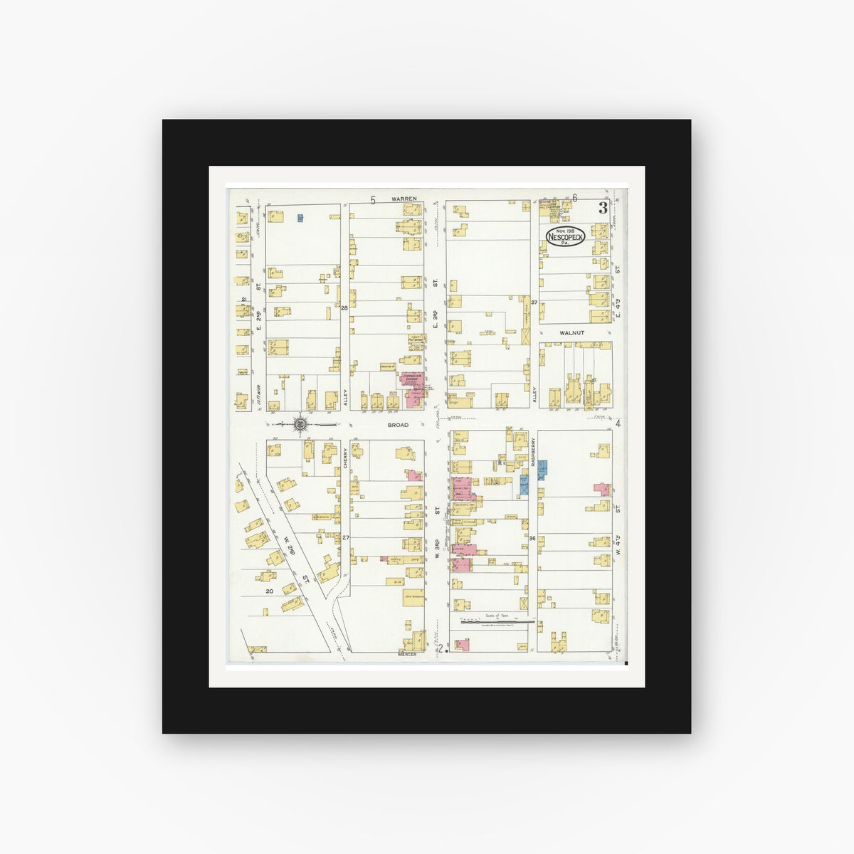 Old map wall art mockup — black gallery frame with white mat — Sanborn Fire Insurance Map from Nescopeck, Luzerne County, Pennsylvania (1919), Sheet #0003