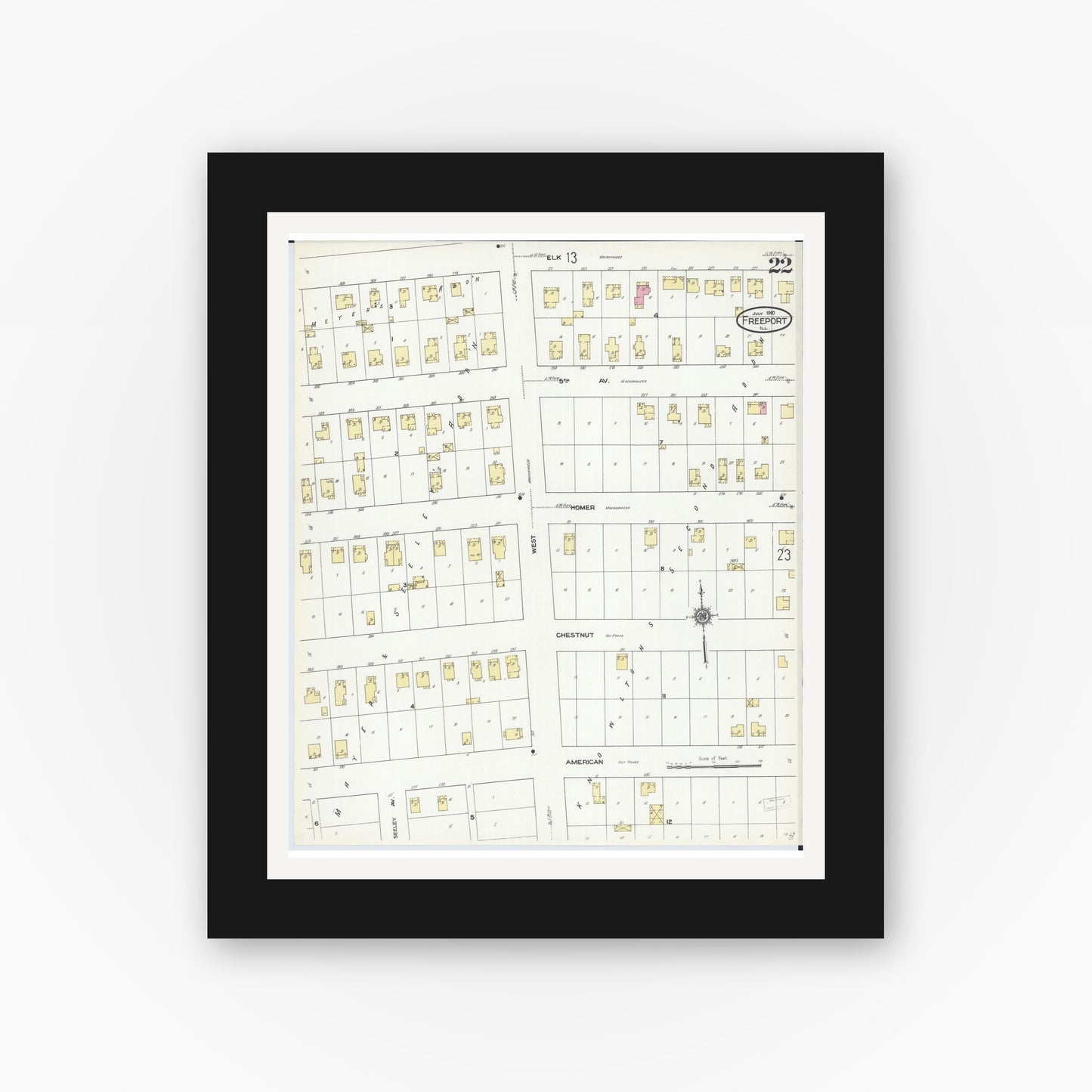 Old map wall art mockup — black gallery frame with white mat — Sanborn Fire Insurance Map from Freeport, Stephenson County, Illinois (1910), Sheet #0022