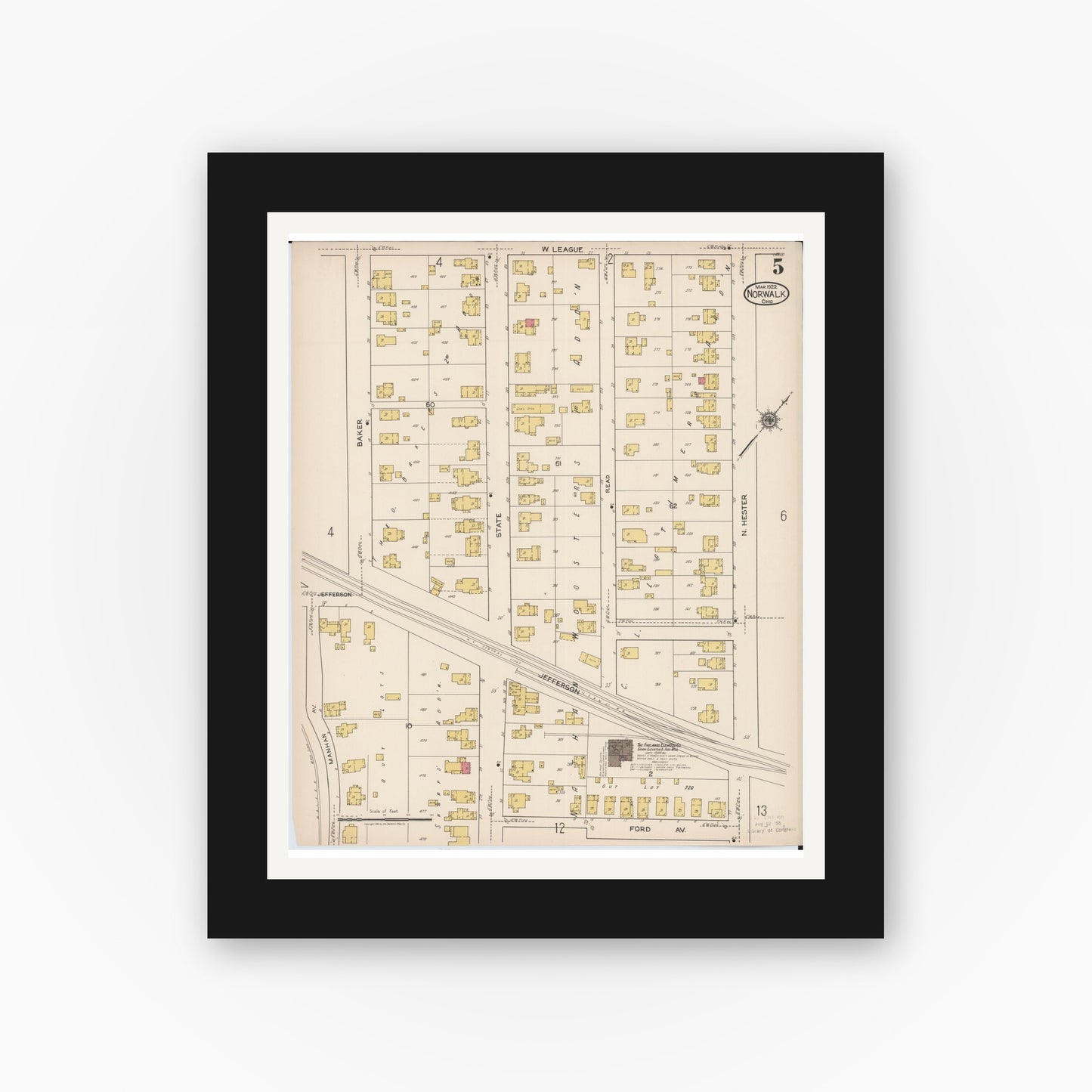 Old map wall art mockup — black gallery frame with white mat — Sanborn Fire Insurance Map from Norwalk, Huron County, Ohio (1922), Sheet #0005