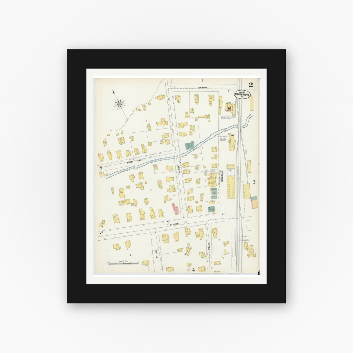 Old map wall art mockup — black gallery frame with white mat — Sanborn Fire Insurance Map from Bainbridge, Chenango County, New York (1903), Sheet #0002