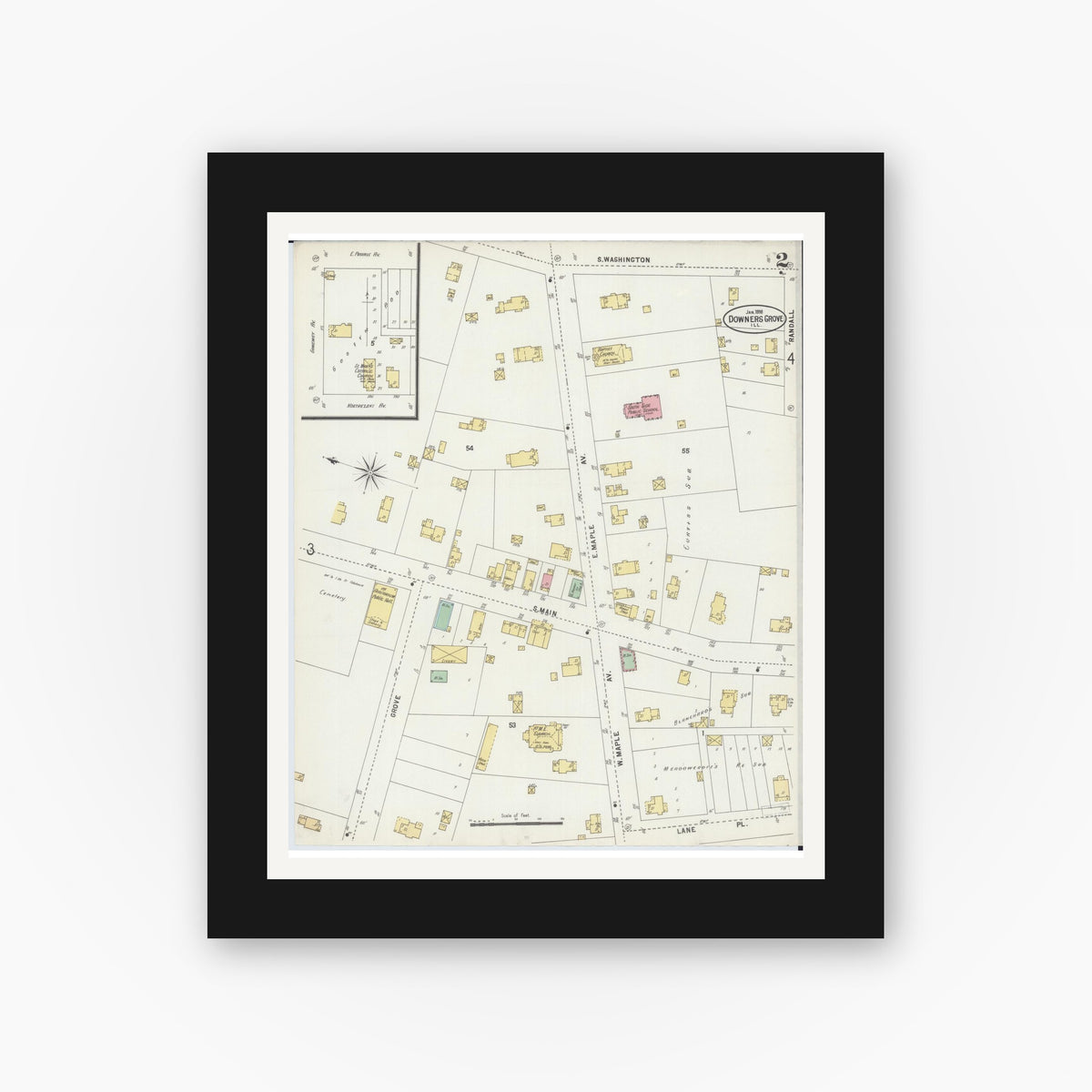Old map wall art mockup — black gallery frame with white mat — Sanborn Fire Insurance Map from Downers Grove, Dupage County, Illinois (1898), Sheet #0002