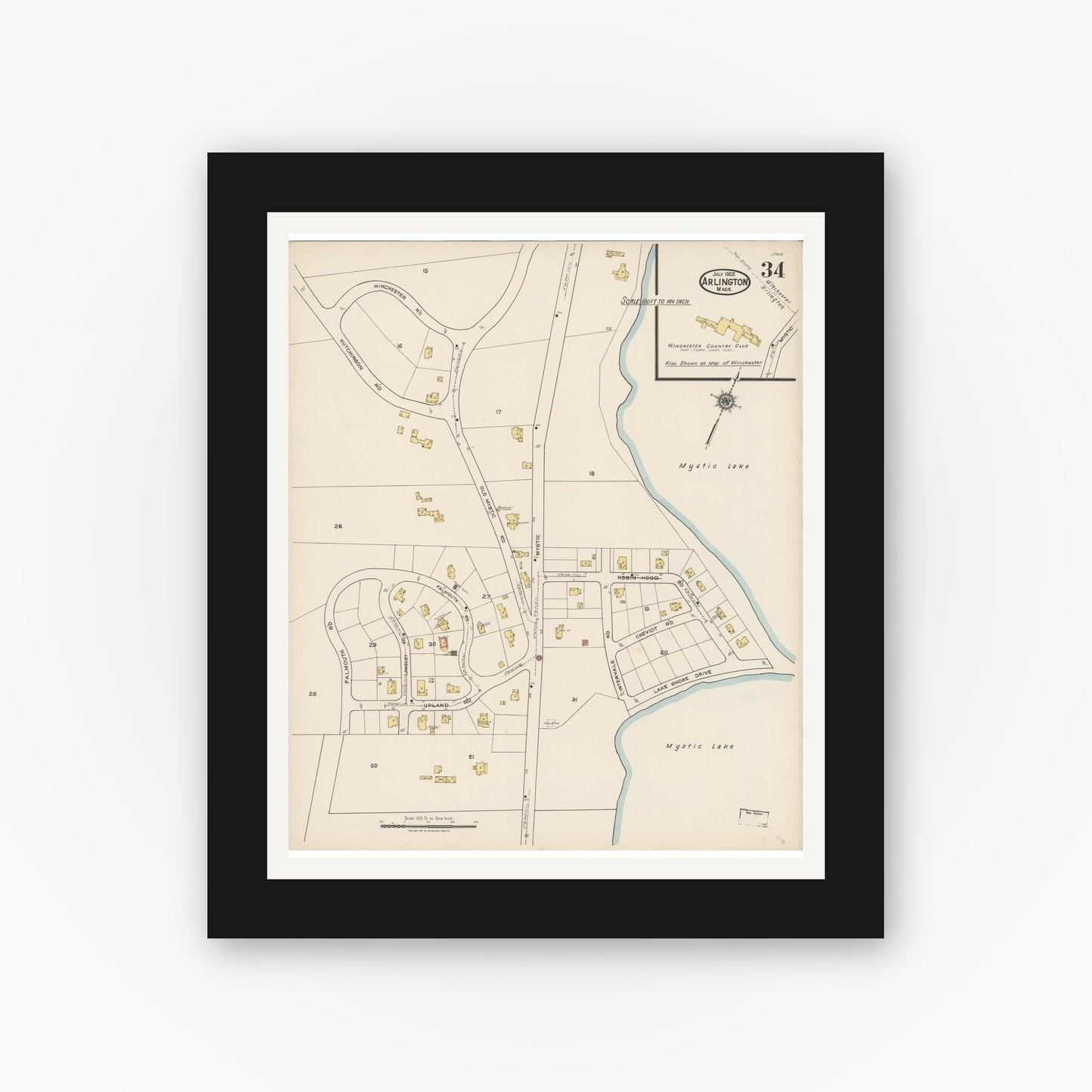 Old map wall art mockup — black gallery frame with white mat — Sanborn Fire Insurance Map from Arlington, Middlesex County, Massachusetts (1922), Sheet #0034