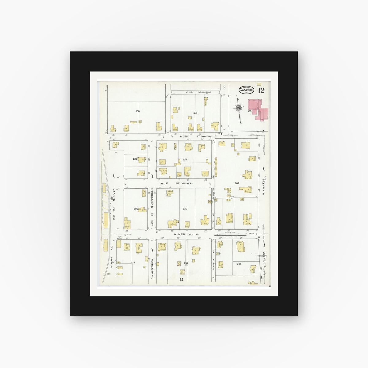 Old map wall art mockup — black gallery frame with white mat — Sanborn Fire Insurance Map from Cameron, Milam County, Texas (1920), Sheet #0012