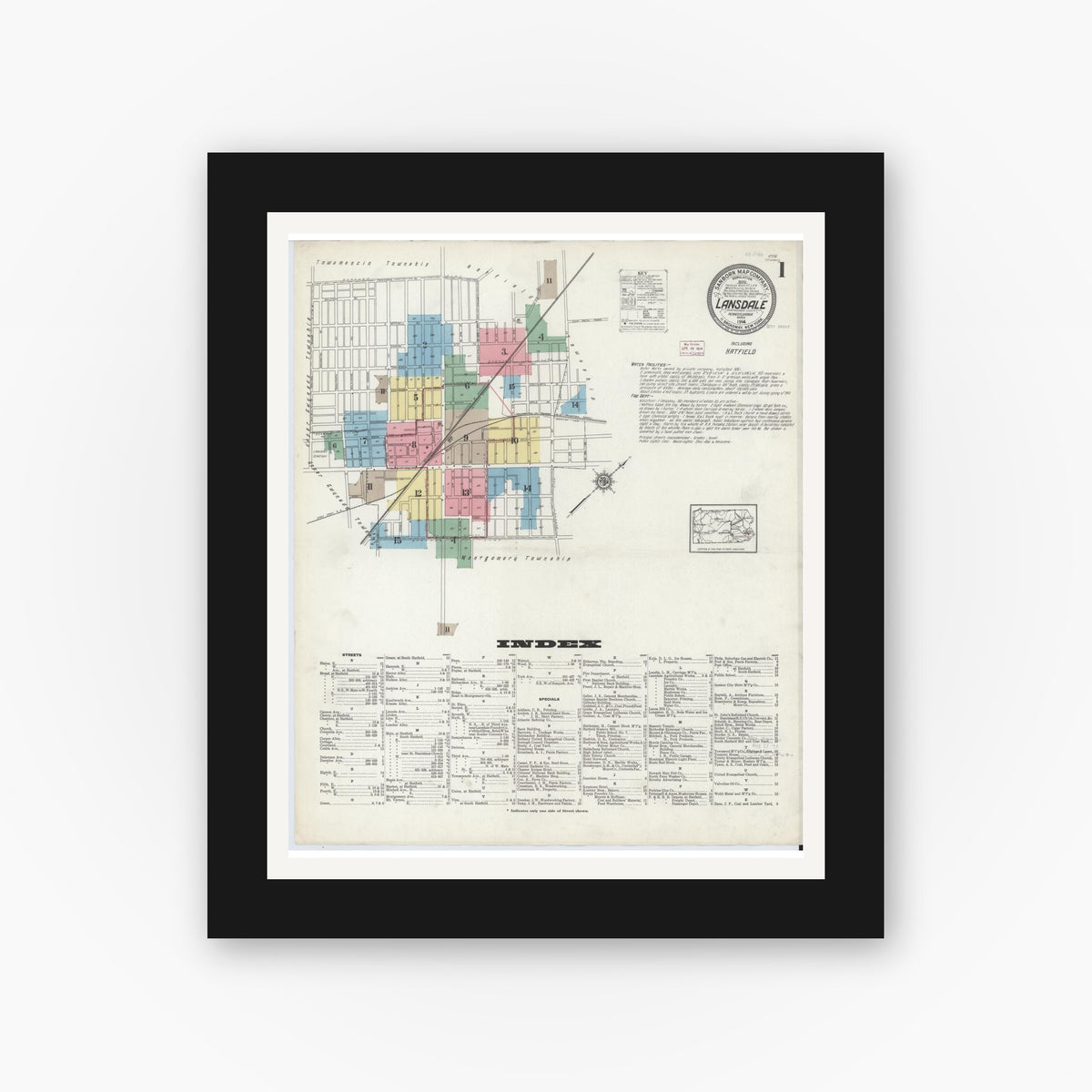 Old map wall art mockup — black gallery frame with white mat — Sanborn Fire Insurance Map from Lansdale, Montgomery County, Pennsylvania (1914), Sheet #0001