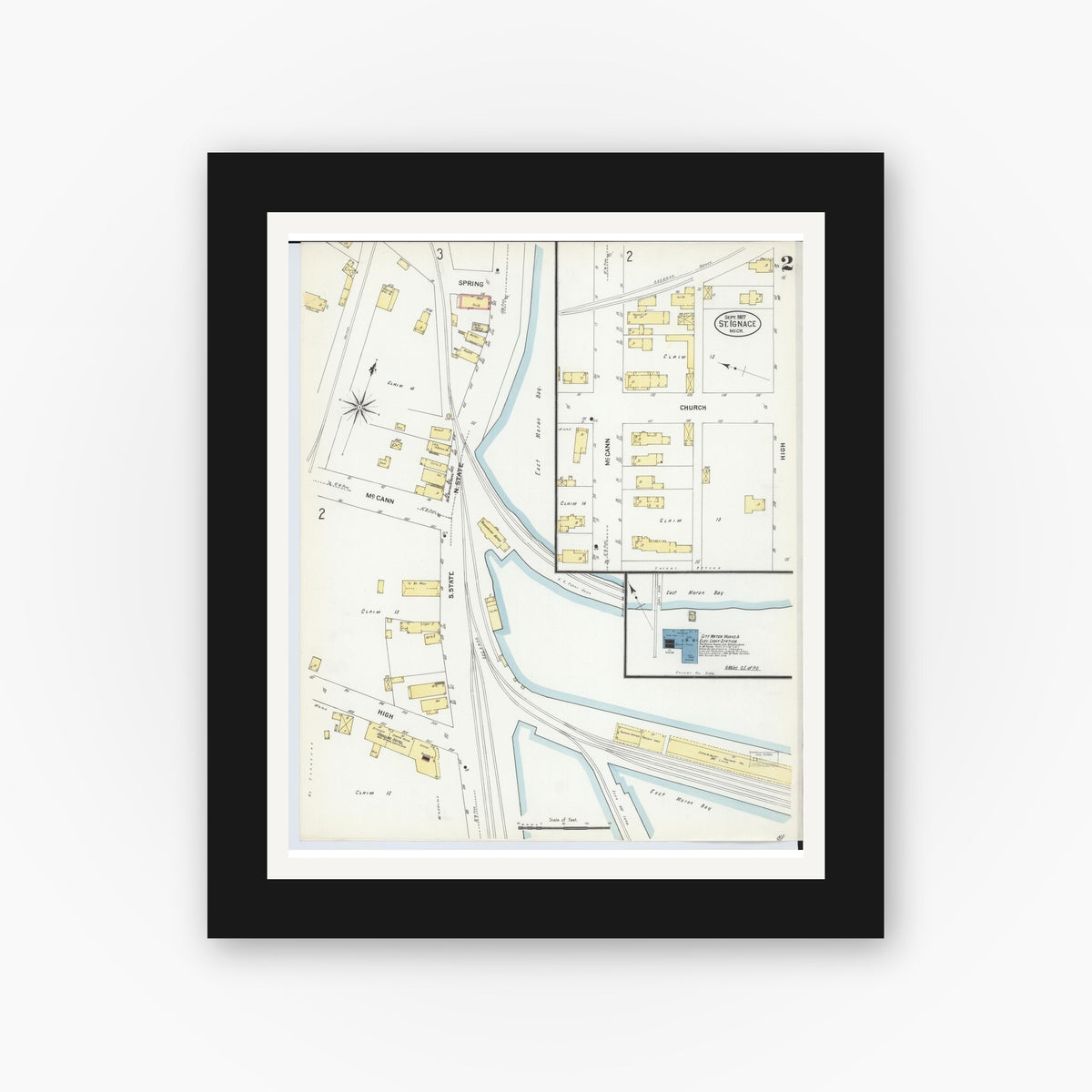 Old map wall art mockup — black gallery frame with white mat — Sanborn Fire Insurance Map from Saint Ignace, Mackinac County, Michigan (1907), Sheet #0002
