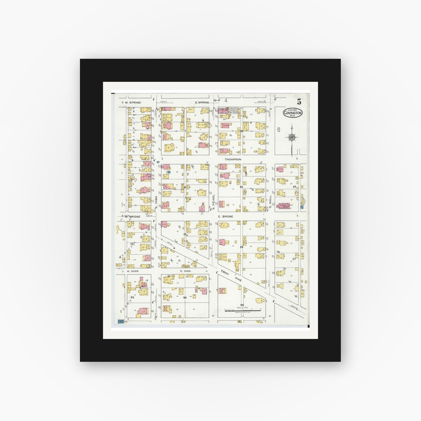 Old map wall art mockup — black gallery frame with white mat — Sanborn Fire Insurance Map from Covington, Miami County, Ohio (1920), Sheet #0005